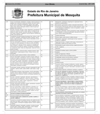 Atos Oﬁciais42| Quarta-feira, 31/12/2014 Jornal de Hoje - 2667-1100
Estado do Rio de Janeiro
Prefeitura Municipal de Mesquita
15.07 Acesso, movimentação, atendimento e consulta a contas em geral, por
qualquer meio ou processo, inclusive por telefone, fac-símile, internet
e telex, acesso a terminais de atendimento, inclusive vinte e quatro
horas; acesso a outro banco e a rede compartilhada; fornecimento de
saldo, extrato e demais informações relativas a contas em geral, por
qualquer meio ou processo.
5%
15.08 Emissão, reemissão, alteração, cessão, substituição, cancelamento e
registro de contrato de crédito; estudo, análise e avaliação de ope-
rações de crédito; emissão, concessão, alteração ou contratação de
aval, ﬁança, anuência e congêneres; serviços relativos a abertura de
crédito, para quaisquer ﬁns.
5%
15.09 Arrendamento mercantil (leasing) de quaisquer bens, inclusive cessão
de direitos e obrigações, substituição de garantia, alteração, cancela-
mento e registro de contrato, e demais serviços relacionados ao arren-
damento mercantil (leasing).
5%
15.10 Serviços relacionados a cobranças, recebimentos ou pagamentos
em geral, de títulos quaisquer, de contas ou carnês, de câmbio,
de tributos e por conta de terceiros, inclusive os efetuados por
meio eletrônico, automático ou por máquinas de atendimento;
fornecimento de posição de cobrança, recebimento ou pagamen-
to; emissão de carnês, fichas de compensação, impressos e docu-
mentos em geral.
5%
15.11 Devolução de títulos, protesto de títulos, sustação de protesto, manu-
tenção de títulos, reapresentação de títulos, e demais serviços a eles
relacionados.
5%
15.12 Custódia em geral, inclusive de títulos e valores mobiliários. 5%
15.13 Serviços relacionados a operações de câmbio em geral, edição, al-
teração, prorrogação, cancelamento e baixa de contrato de câmbio;
emissão de registro de exportação ou de crédito; cobrança ou depó-
sito no exterior; emissão, fornecimento e cancelamento de cheques
de viagem; fornecimento, transferência, cancelamento e demais
serviços relativos a carta de crédito de importação, exportação e
garantias recebidas; envio e recebimento de mensagens em geral
relacionadas a operações de câmbio.
5%
15.14 Fornecimento, emissão, reemissão, renovação e manutenção de cartão
magnético, cartão de crédito, cartão de débito, cartão salário e congê-
neres.
5%
15.15 Compensação de cheques e títulos quaisquer; serviços relacionados a
depósito, inclusive depósito identiﬁcado, a saque de contas quaisquer,
por qualquer meio ou processo, inclusive em terminais eletrônicos e de
atendimento.
5%
15.16 Emissão, reemissão, liquidação, alteração, cancelamento e
baixa de ordens de pagamento, ordens de crédito e similares,
por qualquer meio ou processo; serviços relacionados à trans-
ferência de valores, dados, fundos, pagamentos e similares,
inclusive entre contas em geral.
5%
15.17 Emissão, fornecimento, devolução, sustação, cancelamento e oposição
de cheques quaisquer, avulso ou por talão.
5%
15.18 Serviços relacionados a crédito imobiliário, avaliação e vis-
toria de imóvel ou obra, análise técnica e jurídica, emissão,
reemissão, alteração, transferência e renegociação de contrato,
emissão e reemissão do termo de quitação e demais serviços
relacionados a crédito imobiliário.
5%
16 Serviços de transporte de natureza municipal. ****
16.01 Serviços de transporte de natureza municipal. 5%
17 Serviços de apoio técnico, administrativo, jurídico, contábil, co-
mercial e congêneres.
****
17.01 Assessoria ou consultoria de qualquer natureza, não contida em outros
itens desta lista; análise, exame, pesquisa, coleta, compilação e forneci-
mento de dados e informações de qualquer natureza, inclusive cadastro
e similares.
5%
17.02 Datilograﬁa, digitação, estenograﬁa, expediente, secretaria em geral,
resposta audível, redação, edição, interpretação, revisão, tradução,
apoio e infra-estrutura administrativa e congêneres.
5%
17.03 Planejamento, coordenação, programação ou organização técnica,
ﬁnanceira ou administrativa.
5%
17.04 Recrutamento, agenciamento, seleção e colocação de mão-de-obra. 5%
17.05 Fornecimento de mão-de-obra, mesmo em caráter temporário, inclusi-
ve de empregados ou trabalhadores, avulsos ou temporários, contrata-
dos pelo prestador de serviço.
5%
17.06 Propaganda e publicidade, inclusive promoção de vendas, planejamen-
to de campanhas ou sistemas de publicidade, elaboração de desenhos,
textos e demais materiais publicitários.
5%
17.08 Franquia (franchising). 5%
17.09 Perícias, laudos, exames técnicos e análises técnicas. 5%
17.10 Planejamento, organização e administração de feiras, exposições,
congressos e congêneres.
5%
17.11 Organização de festas e recepções; bufê (exceto o fornecimento de
alimentação e bebidas, que ﬁca sujeito ao ICMS).
3%
17.12 Administração em geral, inclusive de bens e negócios de terceiros. 5%
17.13 Leilão e congêneres. 5%
17.14 Advocacia. 3%
17.15 Arbitragem de qualquer espécie, inclusive jurídica. 3%
17.16 Auditoria. 3%
17.17 Análise de Organização e Métodos. 2%
17.18 Atuária e cálculos técnicos de qualquer natureza. 2%
17.19 Contabilidade, inclusive serviços técnicos e auxiliares. 2%
17.20 Consultoria e Assessoria econômica ou ﬁnanceira. 2%
17.21 Estatística. 2%
17.22 Cobrança em geral. 5%
17.23 Assessoria, análise, avaliação, atendimento, consulta, cadastro,
seleção, gerenciamento de informações, administração de contas a
receber ou a pagar e em geral, relacionados a operações de faturi-
zação (factoring).
5%
17.24 Apresentação de palestras, conferências, seminários e congêneres. 2%
18 Serviços de regulação de sinistros vinculados a contratos
de seguros; inspeção e avaliação de riscos para cobertura
de contratos de seguros; prevenção e gerência de riscos
seguráveis e congêneres.
***
18.01 Serviços de regulação de sinistros vinculados a contratos de seguros;
inspeção e avaliação de riscos para cobertura de contratos de seguros;
prevenção e gerência de riscos seguráveis e congêneres.
5%
19 Serviços de distribuição e venda de bilhetes e demais produtos
de loteria, bingos, cartões, pules ou cupons de apostas, sorteios,
prêmios, inclusive os decorrentes de títulos de capitalização e
congêneres.
***
19.01 Serviços de distribuição e venda de bilhetes e demais produtos
de loteria, bingos, cartões, pules ou cupons de apostas, sor-
teios, prêmios, inclusive os decorrentes de títulos de capitali-
zação e congêneres.
5%
20 Serviços portuários, aeroportuários, ferroportuários, de terminais
rodoviários, ferroviários e metroviários.
***
20.01 Serviços portuários, ferroportuários, utilização de porto, movimen-
tação de passageiros, reboque de embarcações, rebocador escoteiro,
atracação, desatracação, serviços de praticagem, capatazia, armaze-
nagem de qualquer natureza, serviços acessórios, movimentação de
mercadorias, serviços de apoio marítimo, de movimentação ao largo,
serviços de armadores, estiva, conferência, logística e congêneres.
5%
20.02 Serviços aeroportuários, utilização de aeroporto, movimentação de
passageiros, armazenagem de qualquer natureza, capatazia, movimen-
tação de aeronaves, serviços de apoio aeroportuários, serviços acessó-
rios, movimentação de mercadorias, logística e congêneres.
5%
 