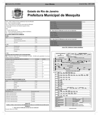 Atos Oﬁciais44| Quarta-feira, 31/12/2014 Jornal de Hoje - 2667-1100
Estado do Rio de Janeiro
Prefeitura Municipal de Mesquita
Vm²E = Valor Unitário de metro quadrado por tipo de ediﬁcação
AC = Área Construída da unidade
CON = Fator corretivo do estado de conservação da ediﬁcação;
A fração ideal de terreno será obtida da seguinte forma:
FI = AC/ATC
Onde:
FI = Fração ideal de terreno;
AC = Área da ediﬁcação constante no cadastro imobiliário;
ATC = Área total construída no terreno.
02- FATOR CORRETIVOS TERRENO
FC-01:
COD TOPOGRAFIA TOP
1 ACLIVE/DECLIVE 0,85
2 ABAIXO/ACIMA DO NÍVEL 0,90
3 PLANO 1,00
FC-02:
COD PEDOLOGIA PED
1 ALAGADO 0,50
2 INUNDÁVEL 0,80
3 FIRME 1,00
FC-03:
FATOR DE BENFEITORIAS EM LOGRADOUROS
FBL= Soma dos valores dos fatores encontrados na tabela , dividido pela quantidade de serviços
urbanos existente no logradouro.
CONDIÇÃO DO LOGRADOURO FRENTE AO IMÓVEL FATOR ITENS
COM CALÇAMENTO 1,00
01SEM CALÇAMENTO 0,70
INTRANSITÁVEL 0,40
COM REDE DE ÁGUA 1,00
02
SEM REDE DE ÁGUA 0,90
COM REDE DE ESGOTO 1,00
03
SEM REDE DE ESGOTO 0,90
COM ILUMINAÇÃO 1,00
04
SEM ILUMINAÇÃO 0,90
COM PASSEIO 1,00
05
SEM PASSEIO 0,95
05- FATOR CORRETIVO EDIFICAÇÃO
COD ESTADO DE CONSERVAÇÃO CON
1 ÓTIMO 1,20
2 BOM 1,00
3 REGULAR 0,70
4 RUIM 0,50
6- VALORES IMÓVEIS RURAIS
DISCRIMINAÇÃO R$ POR HECTARE
CAMPO, COM PASTAGEM 3.000,00
CAMPO, SEM PASTAGEM 1.500,00
CERRADO, COM PASTAGEM 3.500,00
CERRADO, SEM PASTAGEM 2.800,00
CULTURA, COM PASTAGEM 5.200,00
CULTURA, SEM PASTAGEM 3.600,00
Anexo VII
TABELA PARA CÁLCULO DA CONTRIBUIÇÃO PARA O CUSTEIO DA ILUMINAÇÃO
PÚBLICA
I – Bens Imóveis Ediﬁcados ou não com uso residencial:
Consumo Valor em UFIME;
De 0 a 30 KW ISENTO
De 31 a 80 KW 4
De 81 a 140 KW 5
De 141 a 220 KW 6
De 221 KW em diante 7
II – Bens Imóveis Ediﬁcados ou não com uso industrial;
De 0 a 300 KW 8
De 301 a 600 KW 9
De 601 a 1000 KW 10
De 1001 KW em diante 11
III – Bens Imóveis Ediﬁcados ou não com uso comercial.
De 0 a 200 KW 5
De 201 a 400 KW 6
De 401 a 600 KW 7
De 601 KW em diante 8
Anexo VIII – Boletim de Cadastro Imobiliário
 