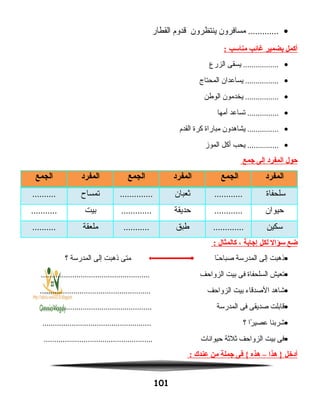 •‫مسافرون‬ .............‫ينتظرون‬‫قدوم‬‫القطار‬
‫أكمل‬‫بضمير‬‫غائب‬‫مناسب‬:
•‫يسقى‬ .................‫الزرع‬
•‫يساعدان‬ ................‫المحتاج‬
•‫يخدمون‬ ................‫الوطن‬
•‫تساعد‬ ...............‫أمها‬
•‫يشاهدون‬ ...............‫مباراة‬‫كرة‬‫القدم‬
•‫يحب‬ ...............‫أكل‬‫الموز‬
‫حول‬‫المفرد‬‫إلى‬‫جمع‬
‫المفرد‬‫الجمع‬‫المفرد‬‫الجمع‬‫المفرد‬‫الجمع‬
‫سلحفاة‬............‫ثعبان‬..............‫تمساح‬..........
‫حيوان‬............‫حديقة‬.............‫بيت‬...........
‫سكين‬.............‫طبق‬...........‫ملعقة‬..........
‫ضع‬‫سؤال‬‫لكل‬‫إجابة‬،‫كالمثال‬:
•‫نذهبت‬‫إلى‬‫المدرسة‬‫ـا‬ً‫ا‬‫صباح‬‫متى‬‫نذهبت‬‫إلى‬‫المدرسة‬‫؟‬
•‫تعيش‬‫السلحفاة‬‫فى‬‫بيت‬‫الزواحف‬....................................................
•‫شاهد‬‫الصدقاء‬‫بيت‬‫الزواحف‬.....................................................
•‫قابلت‬‫صديقى‬‫فى‬‫المدرسة‬.....................................................
•‫شربنا‬‫را‬ً‫ا‬ ‫عصي‬‫؟‬....................................................
•‫فى‬‫بيت‬‫الزواحف‬‫ثلثة‬‫حيوانات‬....................................................
‫أدخل‬‫هذا‬ }–‫هذه‬‫فى‬ {‫جملة‬‫من‬‫عندك‬:
101
 
