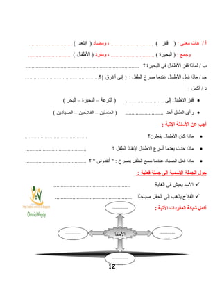 ‫أ‬/‫هات‬‫معنى‬:‫قفز‬ )(، .............................‫ومضاد‬‫ابتعد‬ )(..............................
‫وجمع‬:‫البحيرة‬ )(، ..............................‫ومفرد‬‫الفطفال‬ )(..............................
‫ب‬‫لماذا‬ /‫قفز‬‫الفطفال‬‫فى‬‫البحيرة‬‫؟‬..............................................................................
‫جـ‬‫ماذا‬ /‫فعل‬‫الفطفال‬‫عندما‬‫وصرخ‬‫الطفل‬‫إنى‬ } :‫أغرق‬...................................................‫{؟‬
‫د‬‫أكمل‬ /:
•‫قفز‬‫الفطفال‬‫إلى‬‫الترعة‬ ) ..........................–‫البحيرة‬–‫البحر‬(
•‫رأى‬‫الطفل‬‫أحد‬‫العاملين‬ ) ..........................–‫الفلحين‬–‫الصيادين‬(
‫أاجب‬‫عن‬‫السئلة‬‫اليتية‬:
•‫ماذا‬‫كان‬‫الفطفال‬‫يفعلون؟‬...........................................
•‫ماذا‬‫حدث‬‫بعدما‬‫أسرع‬‫الفطفال‬‫لنقاذ‬‫الطفل‬‫؟‬..........................................
•‫ماذا‬‫فعل‬‫الصياد‬‫عندما‬‫سمع‬‫الطفل‬‫يصرخ‬‫أنقذونى‬ " :‫؟‬ "..........................................
‫حول‬‫الجملة‬‫السمية‬‫إلى‬‫اجملة‬‫فعلية‬:
‫السد‬‫يعيش‬‫فى‬‫الغابة‬.....................................................
‫الفل ح‬‫يذهب‬‫إلى‬‫الحقل‬‫ـا‬ً ‫وصباح‬.....................................................
‫أكمل‬‫شبكة‬‫المفردات‬‫اليتية‬:
12
‫الفطفا‬
‫ل‬
..............
.....
..............
.....
..............
.....
..............
.....
 