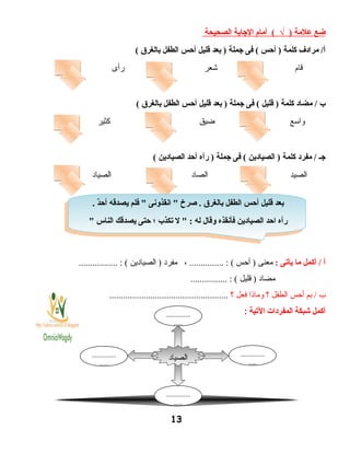 ‫ضع‬‫علمة‬)√‫أمام‬ (‫الاجابة‬‫الصحيحة‬
‫مرادف‬ /‫أ‬‫كلمة‬‫أحس‬ )‫فى‬ (‫اجملة‬‫بعد‬ )‫قليل‬‫أحس‬‫الطفل‬‫بالغرق‬(
‫قام‬‫اشعر‬‫رأى‬
‫ب‬‫مضاد‬ /‫كلمة‬‫قليل‬ )‫فى‬ (‫اجملة‬‫بعد‬ )‫قليل‬‫أحس‬‫الطفل‬‫بالغرق‬(
‫واسع‬‫ضيق‬‫كثير‬
‫اجـ‬‫مفرد‬ /‫كلمة‬‫الصيادين‬ )‫فى‬ (‫اجملة‬‫رآه‬ )‫أحد‬‫الصيادين‬(
‫الصيد‬‫الصاد‬‫الصياد‬
‫أ‬‫أكمل‬ /‫ما‬‫يأيتى‬:‫معنى‬‫أحس‬ )، ............... : (‫مفرد‬‫الصيادين‬ )................. : (
‫مضاد‬‫قليل‬ )................ : (
‫ب‬‫بم‬ /‫أحس‬‫الطفل‬‫؟‬‫وماذا‬‫فعل‬‫؟‬....................................................
‫أكمل‬‫شبكة‬‫المفردات‬‫اليتية‬:
13
. ‫د‬ٌ ‫أح‬ ‫يصدقه‬ ‫فلم‬ " ‫انقذونى‬ " ‫صرخ‬ . ‫بالغرق‬ ‫الطفل‬ ‫أحس‬ ‫قليل‬ ‫بعد‬
" ‫الناس‬ ‫يصدقك‬ ‫حتى‬ ‫؛‬ ‫يتكذب‬ ‫ل‬ " : ‫له‬ ‫وقال‬ ‫فأنقذه‬ ‫الصيادين‬ ‫احد‬ ‫رآه‬
. ‫د‬ٌ ‫أح‬ ‫يصدقه‬ ‫فلم‬ " ‫انقذونى‬ " ‫صرخ‬ . ‫بالغرق‬ ‫الطفل‬ ‫أحس‬ ‫قليل‬ ‫بعد‬
" ‫الناس‬ ‫يصدقك‬ ‫حتى‬ ‫؛‬ ‫يتكذب‬ ‫ل‬ " : ‫له‬ ‫وقال‬ ‫فأنقذه‬ ‫الصيادين‬ ‫احد‬ ‫رآه‬
‫الصياد‬ ..............
.....
..............
.....
..............
.....
..............
.....
 