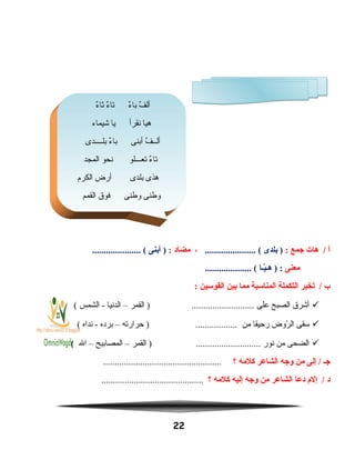 ‫أ‬‫هات‬ /‫اجمع‬:‫بلدى‬ )...................... (،‫مضاد‬:‫أبنى‬ )..................... (
‫معنى‬‫يـا‬ّ ‫هـ‬ ) :.................... (
‫ب‬‫يتخير‬ /‫التكملة‬‫المناسبة‬‫مما‬‫بين‬‫القوسين‬:
‫أاشرق‬‫الصبح‬‫على‬‫القمر‬ ) ...........................–‫الدنيا‬‫الشمس‬ -(
‫سقى‬‫روض‬ّ‫ن‬ ‫ال‬‫رحيقا‬‫من‬‫حرارته‬ ) ..................–‫برده‬‫نداه‬ -(
‫الضحى‬‫من‬‫نور‬‫القمر‬ ) ............................–‫المصابيح‬–‫ال‬(
‫اجـ‬‫إلى‬ /‫من‬‫واجه‬‫الشاعر‬‫كلمه‬‫؟‬...................................................
‫د‬‫إلم‬ /‫دعا‬‫الشاعر‬‫من‬‫واجه‬‫إليه‬‫كلمه‬‫؟‬............................................
22
‫ء‬ٌ  ‫ثا‬ ‫ء‬ٌ  ‫تا‬ ‫ء‬ٌ  ‫با‬ ‫ف‬ٌ  ‫أل‬
‫اشيماء‬ ‫يا‬ ‫نقرأ‬ ‫هيا‬
‫بلــــدى‬ ‫ء‬ٌ  ‫با‬ ‫أبنى‬ ‫ف‬ٌ  ‫ألــ‬
‫المجد‬ ‫نحو‬ ‫تعـــلو‬ ‫ء‬ٌ  ‫تا‬
‫الكرم‬ ‫أرض‬ ‫بلدى‬ ‫هذى‬
‫القمم‬ ‫فوق‬ ‫وفطنى‬ ‫وفطنى‬
 