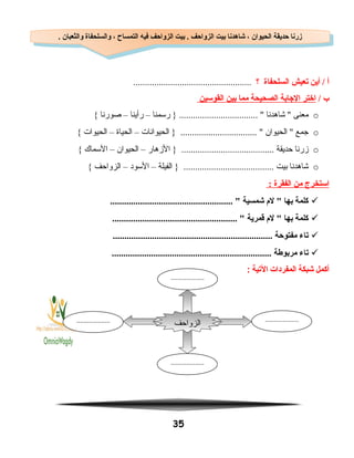 ‫أ‬‫أين‬ /‫تعيش‬‫السلحفاة‬‫؟‬...................................................
‫ب‬/‫اختر‬‫الجابة‬‫الصحيحة‬‫مما‬‫بين‬‫القوسين‬
o‫معنى‬‫شاهدنا‬ ‫رسمنا‬ } .................................. –‫رأينا‬–‫دصورنا‬{
o‫جمع‬‫الحيوان‬ ‫الحيوانات‬ } ................................. –‫الحياة‬–‫الحيوات‬{
o‫هزرنا‬‫حديقة‬‫الهزهار‬ } ........................................–‫الحيوان‬–‫السماك‬{
o‫شاهدنا‬‫بيت‬‫الفيلة‬ } .......................................–‫السود‬–‫الزواحف‬{
‫استخرج‬‫من‬‫الفقرة‬:
‫كلمة‬‫بها‬‫ل م‬ ‫شمسية‬..................................................... 
‫كلمة‬‫بها‬‫ل م‬ ‫قمرية‬...................................................... 
‫تاء‬‫مفتوحة‬.....................................................................
‫تاء‬‫مربوطة‬.....................................................................
‫أكمل‬‫شبكة‬‫المفردات‬‫اليتية‬:
35
. ‫والثعبان‬ ‫والسلحفاة‬ ، ‫التمساح‬ ‫فيه‬ ‫الزواحف‬ ‫بيت‬ . ‫الزواحف‬ ‫بيت‬ ‫شاهدنا‬ ، ‫الحيوان‬ ‫حديقة‬ ‫زرنا‬. ‫والثعبان‬ ‫والسلحفاة‬ ، ‫التمساح‬ ‫فيه‬ ‫الزواحف‬ ‫بيت‬ . ‫الزواحف‬ ‫بيت‬ ‫شاهدنا‬ ، ‫الحيوان‬ ‫حديقة‬ ‫زرنا‬
‫الزواحف‬
...................
...................
...................
...................
 