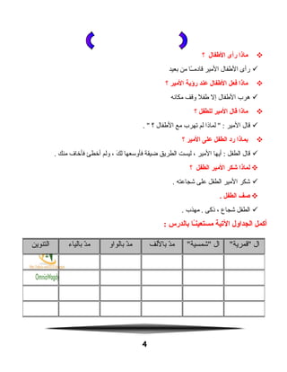 ‫ماذا‬‫رأى‬‫الفطفال‬‫؟‬
‫رأى‬‫الفطفال‬‫المير‬‫ـا‬ً ‫قادمـ‬‫من‬‫بعيد‬
‫ماذا‬‫فعل‬‫الفطفال‬‫عند‬‫رؤية‬‫المير‬‫؟‬
‫هرب‬‫الفطفال‬‫إل‬‫فطفل‬‫وقف‬‫مكانه‬
‫ماذا‬‫قال‬‫المير‬‫للطفل‬‫؟‬
‫قال‬‫المير‬‫لماذا‬ " :‫لم‬‫تهرب‬‫مع‬‫الفطفال‬‫؟‬. "
‫بماذا‬‫رد‬‫الطفل‬‫على‬‫المير‬‫؟‬
‫قال‬‫الطفل‬‫أيها‬ :‫المير‬،‫ليست‬‫الطريق‬‫ضيقة‬‫فأوسعها‬‫ك‬َ  ‫ل‬،‫ولم‬‫أخطئ‬‫فأخاف‬‫منك‬.
‫لماذا‬‫شكر‬‫المير‬‫الطفل‬‫؟‬
‫اشكر‬‫المير‬‫الطفل‬‫على‬‫اشجاعته‬.
‫صف‬‫الطفل‬.
‫الطفل‬‫اشجاع‬،‫ذكى‬‫مهذب‬ ..
‫أكمل‬‫الجداول‬‫اليتية‬‫ـا‬ً‫ا‬‫ن‬‫مستعي‬‫بالدرس‬:
4
‫ال‬"‫"قمرية‬‫ال‬"‫"اشمسية‬‫د‬ّ‫ن‬‫م‬‫باللف‬‫د‬ّ‫ن‬‫م‬‫بالواو‬‫د‬ّ‫ن‬‫م‬‫بالياء‬‫التنوين‬
 
