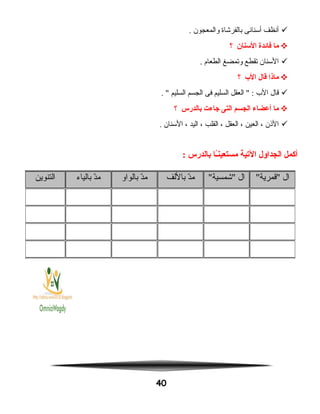 ‫أنظف‬‫أسنانى‬‫بالفرشاة‬‫والمعجون‬.
‫ما‬‫فائدة‬‫السنان‬‫؟‬
‫السنان‬‫تقطع‬‫وتمضغ‬‫الطعام‬.
‫ماذا‬‫قال‬‫الب‬‫؟‬
‫قال‬‫الب‬‫العقل‬  :‫السليم‬‫فى‬‫الجسم‬‫السليم‬. 
‫ما‬‫أعضاء‬‫الجسم‬‫التى‬‫جاءت‬‫بالدرس‬‫؟‬
‫الاذن‬،‫العين‬،‫العقل‬،‫القلب‬،‫اليد‬،‫السنان‬.
‫أكمل‬‫الجداول‬‫التية‬‫ـا‬ً‫ا‬‫ن‬‫مستعي‬‫بالدرس‬:
40
‫ال‬‫قمرية‬‫ال‬‫شمسية‬‫د‬ّ ‫م‬‫باللف‬‫د‬ّ ‫م‬‫بالواو‬‫د‬ّ ‫م‬‫بالياء‬‫التنوين‬
 