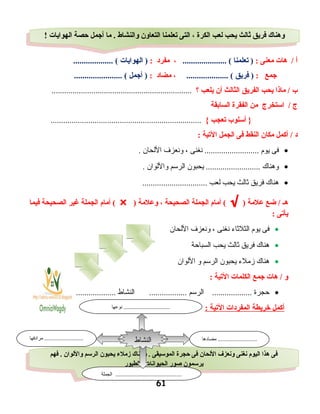 ‫أ‬‫هات‬ /‫معنى‬:‫يتعلمنا‬ )..................... (،‫مفرد‬:‫الهوايات‬ )................... (
‫اجمع‬:‫فريق‬ ).................... (،‫مضاد‬:‫أاجمل‬ )....................... (
‫ب‬‫ماذا‬ /‫يحب‬‫الفريق‬‫الثالث‬‫أن‬‫يلعب‬‫؟‬...................................................................
‫ج‬‫استخرج‬ /‫من‬‫الفقرة‬‫السابقة‬
‫أسلوب‬ }‫يتعجب‬{........................................................................
‫د‬‫أكمل‬ /‫مكان‬‫النقط‬‫فى‬‫الجمل‬‫اليتية‬:
•‫فى‬‫يوم‬‫نغنى‬ ..........................،‫ونعزف‬‫اللحان‬.
•‫وهناك‬‫يحبون‬ ..........................‫الرسم‬‫واللوان‬.
•‫هناك‬‫فريق‬‫نثالث‬‫يحب‬‫لعب‬...............................
‫هـ‬‫ضع‬ /‫علمة‬)√‫أمام‬ (‫الجملة‬‫الصحيحة‬،‫وعلمة‬)×‫أمام‬ (‫الجملة‬‫غير‬‫الصحيحة‬‫فيما‬
‫يأيتى‬:
•‫فى‬‫يوم‬‫الثلنثاء‬‫نغنى‬،‫ونعزف‬‫اللحان‬
•‫هناك‬‫فريق‬‫نثالث‬‫يحب‬‫السباحة‬
•‫هناك‬‫زملء‬‫يحبون‬‫الرسم‬‫و‬‫اللوان‬
‫و‬‫هات‬ /‫اجمع‬‫الكلمات‬‫اليتية‬:
•‫حجرة‬‫الرسم‬ ...................‫النشاط‬ .....................................
‫أكمل‬‫خريطة‬‫المفردات‬‫اليتية‬:
61
! ‫الهوايات‬ ‫حصة‬ ‫أاجمل‬ ‫ما‬ . ‫والنشاط‬ ‫التعاون‬ ‫يتعلمنا‬ ‫التى‬ ، ‫الكرة‬ ‫لعب‬ ‫يحب‬ ‫ثالث‬ ‫فريق‬ ‫وهناك‬! ‫الهوايات‬ ‫حصة‬ ‫أاجمل‬ ‫ما‬ . ‫والنشاط‬ ‫التعاون‬ ‫يتعلمنا‬ ‫التى‬ ، ‫الكرة‬ ‫لعب‬ ‫يحب‬ ‫ثالث‬ ‫فريق‬ ‫وهناك‬
‫فهم‬ . ‫واللوان‬ ‫الرسم‬ ‫يحبون‬ ‫زملء‬ ‫وهناك‬ . ‫الموسيقى‬ ‫حجرة‬ ‫فى‬ ‫اللحان‬ ‫ونعزف‬ ‫نغنى‬ ‫اليوم‬ ‫هذا‬ ‫فى‬
‫والطيور‬ ‫الحيوانات‬ ‫صور‬ ‫يرسمون‬
‫فهم‬ . ‫واللوان‬ ‫الرسم‬ ‫يحبون‬ ‫زملء‬ ‫وهناك‬ . ‫الموسيقى‬ ‫حجرة‬ ‫فى‬ ‫اللحان‬ ‫ونعزف‬ ‫نغنى‬ ‫اليوم‬ ‫هذا‬ ‫فى‬
‫والطيور‬ ‫الحيوانات‬ ‫صور‬ ‫يرسمون‬
‫مضادها‬ ...........................‫مرادفها‬ ...........................
‫الجملة‬ ..............................................
‫النشاط‬
‫نوعها‬ ................................
 