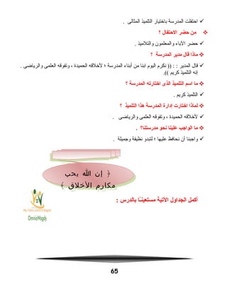 ‫احتفلت‬‫المدرسة‬‫باختيار‬‫التلميذ‬‫المثالى‬.
‫من‬‫حضر‬‫الحتفال‬‫؟‬
‫حضر‬‫الباء‬‫والمعلمون‬‫والتلميذ‬.
‫ماذا‬‫قال‬‫مدير‬‫المدرسة‬‫؟‬
‫قال‬‫المدير‬‫نكرم‬ )) : :‫اليوم‬‫ابنا‬‫من‬‫أبناء‬‫المدرسة‬‫؛‬‫لخلقه‬‫الحميدة‬،‫وتفوقه‬‫العلمى‬‫والرياضى‬.
‫إنه‬‫التلميذ‬‫كريم‬.((
‫ما‬‫اسم‬‫التلميذ‬‫الذى‬‫اختاريته‬‫المدرسة‬‫؟‬
‫التلميذ‬‫كريم‬.
‫لماذا‬‫اختارت‬‫إدارة‬‫المدرسة‬‫هذا‬‫التلميذ‬‫؟‬
‫لخلقه‬‫الحميدة‬،‫وتفوقه‬‫العلمى‬‫والرياضى‬.
‫ما‬‫الوااجب‬‫علينا‬‫نحو‬‫مدرستنا؟‬.
‫واجبنا‬‫أن‬‫نحافظ‬‫عليها‬‫؛‬‫لتبدو‬‫نظيفة‬‫وجميلة‬.
‫أكمل‬‫الجداول‬‫اليتية‬‫ـا‬ً‫ا‬‫ن‬‫مستعي‬‫بالدرس‬:
65
‫يحب‬ ‫ا‬ ‫إن‬ ﴿
﴾ ‫الخلق‬ ‫مكارم‬
‫يحب‬ ‫ا‬ ‫إن‬ ﴿
﴾ ‫الخلق‬ ‫مكارم‬
 