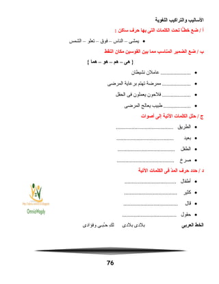 ‫الساليب‬‫والتراكيب‬‫اللغوية‬
‫أ‬‫ضع‬ /‫ـا‬ًّ‫ط‬‫خ‬‫يتحت‬‫الكلمات‬‫التى‬‫بها‬‫حرف‬‫ساكن‬:
•‫يمشى‬–‫الناس‬–‫فوق‬–‫تعلو‬–‫الشمس‬
‫ب‬‫ضع‬ /‫الضمير‬‫المناسب‬‫مما‬‫بين‬‫القوسين‬‫مكان‬‫النقط‬
‫هى‬ }–‫هم‬–‫هو‬–‫هما‬{
•‫عاملن‬ .....................‫نشيطان‬
•‫ممرضة‬ ....................‫تهتم‬‫برعاية‬‫المرضى‬
•‫فلحون‬ ....................‫يعملون‬‫فى‬‫الحقل‬
•‫طبيب‬ ...................‫يعالج‬‫المرضى‬
‫ج‬‫حلل‬ /‫الكلمات‬‫اليتية‬‫إلى‬‫أصوات‬
•‫الطريق‬........................................
•‫بعيد‬........................................
•‫الطفل‬........................................
•‫صرخ‬........................................
‫د‬‫حدد‬ /‫حرف‬‫د‬ّ‫ن‬‫الم‬‫فى‬‫الكلمات‬‫اليتية‬
•‫أطفال‬....................................
•‫كثير‬.....................................
•‫قال‬......................................
•‫حقول‬......................................
‫الخط‬‫العربى‬‫بلدى‬‫بلدى‬‫ك‬ِ  ‫ل‬‫ـبـى‬ُ‫ب‬‫ح‬‫وفؤادى‬
76
 