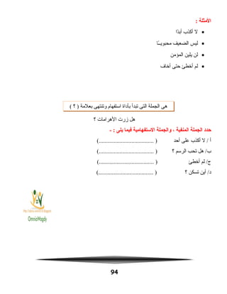 ‫المثلة‬:
•‫ل‬‫أكذب‬‫دا‬ً‫ا‬‫أب‬
•‫ليس‬‫الضعيف‬‫ـا‬ً‫ا‬‫محبويـ‬
•‫لن‬‫يلين‬‫المؤمن‬
•‫لم‬‫أخطئ‬‫حتى‬‫أخاف‬
‫هل‬‫زرت‬‫الهرامات‬‫؟‬
‫حدد‬‫الجملة‬‫المنفية‬،‫والجملة‬‫الستفهامية‬‫فيما‬‫يلى‬- :
‫أ‬‫ل‬ /‫أكذب‬‫على‬‫أحد‬(..................................... )
‫هل‬ /‫ب‬‫تحب‬‫الرسم‬‫؟‬(..................................... )
‫لم‬ /‫ج‬‫أخطئ‬(..................................... )
‫أين‬ /‫د‬‫تسكن‬‫؟‬(..................................... )
94
‫هى‬‫الجملة‬‫التى‬‫تبدأ‬‫بأداة‬‫استفهام‬‫وتنتهى‬‫بعلمة‬‫؟‬ )(
 