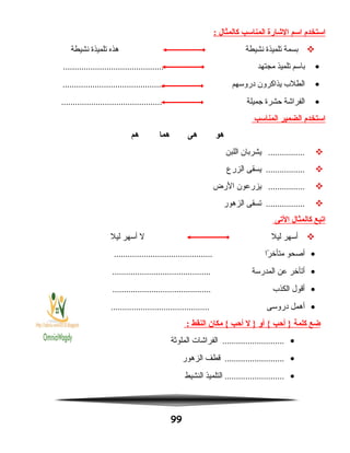 ‫استخدم‬‫اسم‬‫الشارة‬‫المناسب‬‫كالمثال‬:
‫بسمة‬‫تلميذة‬‫نشيطة‬‫هذه‬‫تلميذة‬‫نشيطة‬
•‫باسم‬‫تلميذ‬‫مجتهد‬............................................
•‫الطلب‬‫يذاكرون‬‫دروسهم‬............................................
•‫الفراشة‬‫حشرة‬‫جميلة‬............................................
‫استخدم‬‫الضمير‬‫المناسب‬
‫هو‬‫هى‬‫هما‬‫هم‬
‫يشربان‬ ................‫اللبن‬
‫يسقى‬ .................‫الزرع‬
‫يزرعون‬ ................‫الرض‬
‫تسقى‬ .................‫الزهور‬
‫ايتبع‬‫كالمثال‬‫اليتى‬
‫أسهر‬‫ليل‬‫ل‬‫أسهر‬‫ليل‬
•‫أصحو‬‫را‬ً‫ا‬ ‫متأخ‬...........................................
•‫أتأخر‬‫عن‬‫المدرسة‬...........................................
•‫أقول‬‫الكذب‬...........................................
•‫أهمل‬‫دروسى‬...........................................
‫ضع‬‫كلمة‬‫أحب‬ }‫أو‬ {‫ل‬ }‫أحب‬‫مكان‬ {‫النقط‬:
•‫الفراشات‬ ...........................‫الملوثة‬
•‫قطف‬ ..........................‫الزهور‬
•‫التلميذ‬ ..........................‫النشيط‬
99
 