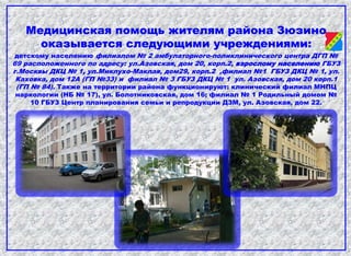 Медицинская помощь жителям района Зюзино
оказывается следующими учреждениями:
детскому населению филиалом № 2 амбулаторного-поликлинического центра ДГП №
69 расположенного по адресу: ул.Азовская, дом 20, корп.2, взрослому населению ГБУЗ
г.Москвы ДКЦ № 1, ул.Миклухо-Маклая, дом29, корп.2 ,филиал №1 ГБУЗ ДКЦ № 1, ул.
Каховка, дом 12А (ГП №33) и филиал № 3 ГБУЗ ДКЦ № 1 ул. Азовская, дом 20 корп.1
(ГП № 84). Также на территории района функционируют: клинический филиал МНПЦ
наркологии (НБ № 17), ул. Болотниковская, дом 16; филиал № 1 Родильный домом №
10 ГБУЗ Центр планирования семьи и репродукции ДЗМ, ул. Азовская, дом 22.
 