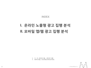2 ⓒ MezzoMedia Inc.
I. 온라인 노출형 광고 집행 분석
II. 모바일 앱/웹 광고 집행 분석
1. 기 간 : 2013년 1월 ~ 2014년 12월
2. 데이터 제공 : 리서치애드(Researchad)
INDEX
 