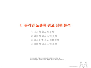 3 ⓒ MezzoMedia Inc.
I. 온라인 노출형 광고 집행 분석
1. 기간 별 광고비 분석
2. 업종 별 광고 집행 분석
3. 광고주 별 광고 집행 분석
4. 매체 별 광고 집행 분석
※ 페이스북 & 구글(유튜브 포함)은 집행 분석에서 제외 됨
※ 다음카카오는 광고비 분석 시, 플랫폼 별 구분 됨(다음 / 카카오)
 
