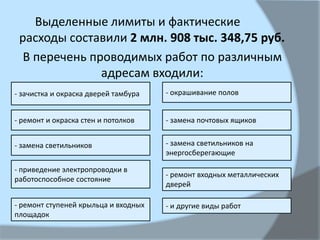 Выделенные лимиты и фактические
расходы составили 2 млн. 908 тыс. 348,75 руб.
В перечень проводимых работ по различным
адресам входили:
- зачистка и окраска дверей тамбура
- замена светильников
- и другие виды работ
- приведение электропроводки в
работоспособное состояние
- ремонт ступеней крыльца и входных
площадок
- ремонт входных металлических
дверей
- замена почтовых ящиков
- замена светильников на
энергосберегающие
- окрашивание полов
- ремонт и окраска стен и потолков
 