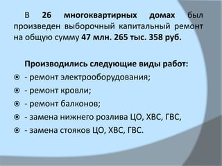 В 26 многоквартирных домах был
произведен выборочный капитальный ремонт
на общую сумму 47 млн. 265 тыс. 358 руб.
Производились следующие виды работ:
 - ремонт электрооборудования;
 - ремонт кровли;
 - ремонт балконов;
 - замена нижнего розлива ЦО, ХВС, ГВС,
 - замена стояков ЦО, ХВС, ГВС.
 