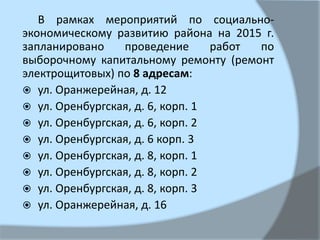 В рамках мероприятий по социально-
экономическому развитию района на 2015 г.
запланировано проведение работ по
выборочному капитальному ремонту (ремонт
электрощитовых) по 8 адресам:
 ул. Оранжерейная, д. 12
 ул. Оренбургская, д. 6, корп. 1
 ул. Оренбургская, д. 6, корп. 2
 ул. Оренбургская, д. 6 корп. 3
 ул. Оренбургская, д. 8, корп. 1
 ул. Оренбургская, д. 8, корп. 2
 ул. Оренбургская, д. 8, корп. 3
 ул. Оранжерейная, д. 16
 