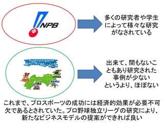 多くの研究者や学生
によって様々な研究
がなされている
出来て、間もないこ
ともあり研究された
事例が少ない
というより、ほぼない
これまで、プロスポーツの成功には経済的効果が必要不可
欠であるとされていた。プロ野球独立リーグの研究により、
新たなビジネスモデルの提案ができれば良い
 