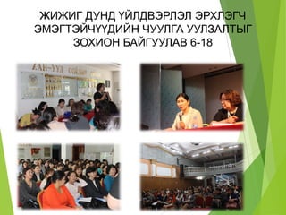 ЖИЖИГ ДУНД ҮЙЛДВЭРЛЭЛ ЭРХЛЭГЧ
ЭМЭГТЭЙЧҮҮДИЙН ЧУУЛГА УУЛЗАЛТЫГ
ЗОХИОН БАЙГУУЛАВ 6-18
 