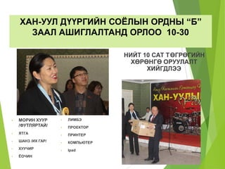 ХАН-УУЛ ДҮҮРГИЙН СОЁЛЫН ОРДНЫ “Б”
ЗААЛ АШИГЛАЛТАНД ОРЛОО 10-30
• МОРИН ХУУР
/ФУТЛЯРТАЙ/
• ЯТГА
• ШАНЗ /ИХ ГАР/
• ХУУЧИР
• ЁОЧИН
• ЛИМБЭ
• ПРОЕКТОР
• ПРИНТЕР
• КОМПЬЮТЕР
• Ipad
НИЙТ 10 САТ ТӨГРӨГИЙН
ХӨРӨНГӨ ОРУУЛАЛТ
ХИЙГДЛЭЭ
 