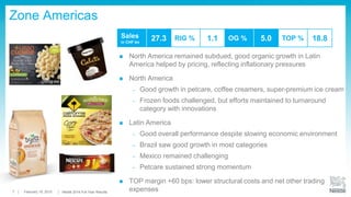 Each region includes Zones, Nestlé Waters, Nestlé Nutrition, Nestlé Professional, Nespresso, NHSc, and NSH OG = Organic Growth, RIG = Real Internal Growth
Sales
RIG
OG
(in CHF)
7
Broad Based Regional Growth
Asia,
Oceania &
Africa
26.3 bn
+2.4%
+5.7%
Americas
39.4 bn
+2.3%
+5.4%
Europe
25.9 bn
+2.4%
+1.9%
19 February 2015 Full-Year Results Conference
 