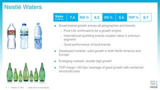 9
Zone Europe
 Good growth driven by innovation and premiumisation despite
deflationary environment
 Continued strong contributions from petcare, Nescafé Dolce Gusto,
frozen pizza and premium soluble coffee
 Western Europe
– Growth supported by France, Switzerland, Austria, Netherlands,
Spain and Portugal
– UK, Germany, Italy and Greece remained challenging
 Eastern Europe
– Russia remained growth driver; Ukraine contributed positively
 TOP margin +30 bps: leveraging real internal growth plus
efficiencies
Sales
in CHF bn
15.2 RIG % 2.2 OG % 1.5 TOP % 15.3
19 February 2015 Full-Year Results Conference
 