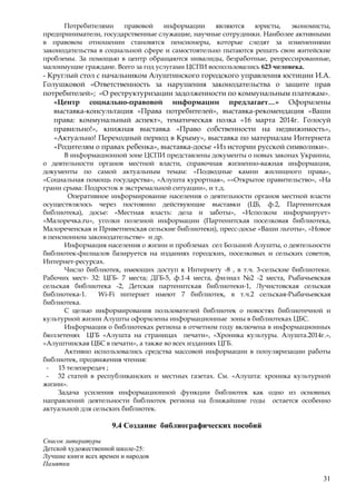 31
Потребителями правовой информации являются юристы, экономисты,
предприниматели, государственные служащие, научные сотрудники. Наиболее активными
в правовом отношении становятся пенсионеры, которые следят за изменениями
законодательства в социальной сфере и самостоятельно пытаются решать свои житейские
проблемы. За помощью в центр обращаются инвалиды, безработные, репрессированные,
малоимущие граждане. Всего за год услугами ЦСПИ воспользовались 623 человека.
- Круглый стол с начальником Алуштинского городского управления юстиции И.А.
Голушковой «Ответственность за нарушения законодательства о защите прав
потребителей»; «О реструктуризации задолженности по коммунальным платежам».
«Центр социально-правовой информации предлагает…» Оформлены
выставка-консультация «Права потребителей», выставка-рекомендация «Ваши
права: коммунальный аспект», тематическая полка «16 марта 2014г. Голосуй
правильно!», книжная выставка «Право собственности на недвижимость»,
«Актуально! Переходный период в Крыму», выставка по материалам Интернета
«Родителям о правах ребенка», выставка-досье «Из истории русской символики».
В информационной зоне ЦСПИ представлены документы о новых законах Украины,
о деятельности органов местной власти, справочная жизненно-важная информация,
документы по самой актуальным темам: «Подводные камни жилищного права»,
«Социальная помощь государства», «Алушта курортная», ««Открытое правительство», «На
грани срыва: Подросток в экстремальной ситуации», и т.д.
Оперативное информирование населения о деятельности органов местной власти
осуществлялось через постоянно действующие выставки (ЦБ, ф.2, Партенитская
библиотека), досье: «Местная власть: дела и заботы», «Исполком информирует»
«Малоречка.ru», уголки полезной информации (Партенитская поселковая библиотека,
Малореченская и Приветненская сельские библиотеки), пресс-досье «Ваши льготы», «Новое
в пенсионном законодательстве» и др.
Информация населения о жизни и проблемах сел Большой Алушты, о деятельности
библиотек-филиалов базируется на изданиях городских, поселковых и сельских советов,
Интернет-ресурсах.
Число библиотек, имеющих доступ к Интернету -8 , в т.ч. 3-сельские библиотеки.
Рабочих мест- 32: ЦГБ- 7 места; ДГБ-5, ф.1-4 места, филиал №2 -2 места, Рыбачьевская
сельская библиотека -2, Детская партенитская библиотеки-1, Лучистовская сельская
библиотека-1. Wi-Fi интернет имеют 7 библиотек, в т.ч.2 сельская-Рыбачьевская
библиотека.
С целью информирования пользователей библиотек о новостях библиотечной и
культурной жизни Алушты оформлены информационные зоны в библиотеках ЦБС.
Информация о библиотеках региона в отчетном году включена в информационных
бюллетенях ЦГБ «Алушта на страницах печати», «Хроника культуры. Алушта.2014г.»,
«Алуштинская ЦБС в печати», а также во всех изданиях ЦГБ.
Активно использовались средства массовой информации в популяризации работы
библиотек, продвижения чтения:
- 15 телепередач ;
- 32 статей в республиканских и местных газетах. См. «Алушта: хроника культурной
жизни».
Задача усиления информационной функции библиотек как одно из основных
направлений деятельности библиотек региона на ближайшие годы остается особенно
актуальной для сельских библиотек.
9.4 Создание библиографических пособий
Список литературы
Детской художественной школе-25:
Лучшие книги всех времен и народов
Памятки
 
