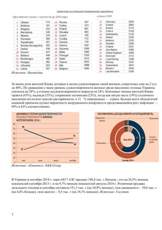 Управление исследований департамента маркетинга
7
Источник: Википедия.
За месяц доля жителей Киева, которые в целом удовлетворены своей жизнью, сократилась еще на 2 п.п.
до 40%. По сравнению с маем уровень удовлетворенности жизнью среди населения столицы Украины
снизился на 28%, а степень неудовлетворенности выросла на 24%. Ключевые эмоции жителей Киева:
тревога (43%), надежда (33%), сохранение оптимизма (25%), тогда как пятую часть (19%) столичного
населения поглотило чувство растерянности, а 11  % опрошенных — страха. Больше всего обладателей
киевской прописки пугают вероятность вооруженного конфликта и продолжающийся рост инфляции —
69% и 63% соответственно.
Источник: «Капитал», R&B Group
В Украине в сентябре 2014 г. через 6817 АЗС продано 196,4 тыс. т бензина , что на 24,5% меньше
показателей сентября 2013 г. и на 9,7% меньше показателей августа 2014 г. Розничная продажа
дизельного топлива в сентябре составила 151,3 тыс. т (на 10,9% меньше), газа сжиженного – 39,8 тыс. т
(на 4,4% больше), газа сжатого – 8,5 тыс. т (на 18,1% меньше). Источник: Госстат.
 