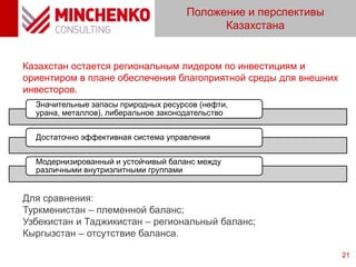 Положение и перспективы
Казахстана
21
Значительные запасы природных ресурсов (нефти,
урана, металлов), либеральное законодательство
Достаточно эффективная система управления
Модернизированный и устойчивый баланс между
различными внутриэлитными группами
Казахстан остается региональным лидером по инвестициям и
ориентиром в плане обеспечения благоприятной среды для внешних
инвесторов.
Для сравнения:
Туркменистан – племенной баланс;
Узбекистан и Таджикистан – региональный баланс;
Кыргызстан – отсутствие баланса.
 