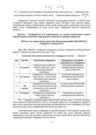 15
S
R


S
R


R -  ìåòðèéí óðòòàé газардуулгын äàìæóóëàã÷èéí ýñýðã¿¿öýë, îì S - Дàìæóóëàã÷èéí
óðòûí äàãóóõ õºíäëºí îãòëîëûí òàëáàé, ìì2
ρ  - Хөрсний õóâèéí ýñýðã¿¿öýë , (
ì
ìì*Îì 2
)
Газардуулгыг механик гэмтлээс хамгаалах, эсэргүүцлийн хэмжээг нь жилийн турш
тогтвортой байлгахын тулд газрын гадаргаас доош 0,6-0,8м-н гүнд суулгаж хийдэг.
Газардуулгад хийгдэх холбоосуудыг тухайн цэгийн эсэргүүцлийг ихэсгэхгүйн тулд гагнаж
хийíý. Тоног төхөөрөмжийн их биед гагнах буюу найдвартай боолтон холбоосоор
холбоно.
Дүгнэлт: Газардуулгын гол хэмжигдэхүүн нь түүний эсэргүүцлийн хэмжээ
хөрсний хувийн цахилгаан эсэргүүцлийн хэмжээнээс хамаарах явдал юм.
УБТЗ-ын гол замын дагуух цахилгаан байгууламжид NEC-(1987,250-83-3)
стандартыг нэвтрүүлэх нь
NEC-1987, 250-83-3 стандартын шаардлага хангасан газардуулгын байгууламжийг
дараах 4 төрлийн системд ангилж авч үзнэ. Үүнд:
Ñ¿ëæýýíèé àæëûí áîëîí õàìãààëàëòûí ãàçàðäóóëãûí ñèñòåì Õ¿ñíýãò 1.
ä/ä Ñèñòåì Ñ¿ëæýýíèé ãàçàðäóóëãà Äàìæóóëàã÷ õýñã¿¿äèéí
õàìãààëàëòûí ãàçàðäóóëãà
1. IT ñèñòåì
Ãàçаðòàé øóóä õîëáîîã¿é.
Нэмэлт эñýðã¿¿öýë, öýíýã
øàâõàã÷аар дамжиж
õîëáîãäоно.
Ñ¿ëæýýíèé ãàçàðäëàãààñ
õàìààðàõã¿éãýýð ãàçàðòàé
øóóä õîëáîãäîíî.
2. TT ñèñòåì
Õóâààðèëàõ ñ¿ëæýýíèé õýä
õýäýí öýãýýð, õýðýãëýã÷èéí
ñ¿ëæýýíèé ãàäíà ãàçàðòàé
õîëáîãäîíî.
Ñ¿ëæýýíèé ãàçàðäууëãààñ
õàìààðàõã¿éãýýð ãàçàðòàé
øóóä õîëáîíî.
3. TN
ñèñòåì
Õóâààðèëàõ ñ¿ëæýýíèé õýä
õýäýí öýãýýð áа õýðýãëýã÷èéí
ñ¿ëæýýíèé öýãýýð ãàçàðòàé
õîëáîãäîíî.
Ñ¿ëæýý ãàçàðòàé PE ба PEN
äàìæóóëàã÷ààð õîëáîãäîíî.
4. TI ñèñòåì Õóâààðèëàõ ñ¿ëæýýíèé õýä
õýäýí öýãýýð ãàçàðòàé
õîëáîãäîíî.
Ãàçàðòàé áа ñ¿ëæýýíèé
ãàçàðäууëàãàòàé õîëáîîг¿é
Энý стандартыг нэвтрүүлсэнээр хэрэглэгчийн залгуур дээр 3 шонтой залгуурыг
бүрэн ашиглах боломжтой болно. Энэ нь системийн давуу тал нь газардуулгын нэмэлт 5
дахь утасыг цахилгаан хэлхээнд оруулж ирэх ба хамгаалалтын шинэ төхөөрөмж УЗО буюу
хамгаалалтаар таслах төхөөрөмжийг (ХХТ) ашиглах явдал юм.
Хамгаалалтаар таслах төхөөрөмж нь хамгийн багадаа 15 мА гүйдлийг мэдэрч маш
богино хугацаанд түргэн таслах чадвартай тул хүний амь насыг аюултай гүйдлээс
хамгаалахын тулд нам хүчдлийн хэрэглэгчийн сүлжээнд цахилгааны аюулгүй ажиллагааг
найдвартай хамгаалах төхөөрөмж гэж үзэж болно.
 