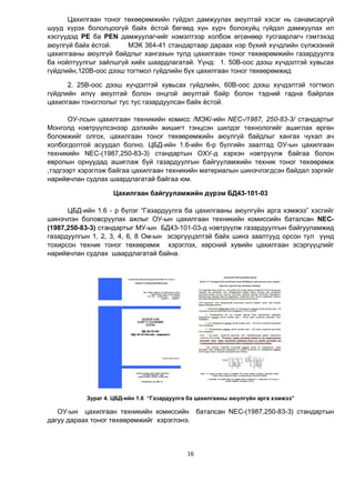 16
Öàõèëãààí òîíîã òºõººðºìæèéí ã¿éäýë äàìæóóëàõ àþóëòàé õýñýã íü ñàíàìñàðã¿é
øóóä õ¿ðýõ áîëîëöîîã¿é áàéõ ¸ñòîé бөгөөд хүн õ¿ð÷ áîëîõóéö ã¿éäýë äàìæóóëàõ èë
õýñã¿¿äэд ÐÅ ба ÐÅN äàìæóóëàã÷ийг нэмэлтээр холбож өгсөнөөр òóñãààðëàã÷ ãýìòýõýä
àþóëã¿é áàéõ ¸ñòîé. ÌÝÊ 364-41 ñòàíäàðòààð дараах нэр бүхий хүчдлийн сүлжээний
öàõèëãààíû àþóëã¿é áàéäëûã õàíãàõûí òóëä öàõèëãààí òîíîã òºõººðºìæèéí ãàçàðäóóëãà
áà íîéëòóóëãûã çàéëøã¿é õèéõ øààðäëàãàòàé. ¯¿íä: 1. 50Â-îîñ äýýø õ¿÷äýëòýé õóâüñàõ
ã¿éäëèéí,120Â-îîñ äýýø òîãòìîë ã¿éäëèéí á¿õ öàõèëãààí òîíîã òºõººðºìæèä
2. 25Â-îîñ äýýø õ¿÷äýëòýé õóâüñàõ ã¿éäëèéí, 60Â-îîñ äýýø õ¿÷äýëòýé òîãòìîë
ã¿éäëèéí èë¿¿ àþóëòàé áîëîí îíöãîé àþóëòàé áàéð áîëîí тэдний ãàäíà áàéðëàõ
öàõèëãààí òîíîãëîëыг тус тус газардуулсан байх ёстой.
ОУ-лсын öàõèëãààí òåõíèêèéí êîìèññ /ÌÝÊ/-èéí NEC-/1987, 250-83-3/ стандартыг
Монголд нэвтрүүлсэнээр дэлхийн жишигт тэнцсэн шилдэг технологийг ашиглах өргөн
боломжийг олгох, цàõèëãààí òîíîã òºõººðºìæèéí àþóëã¿é áàéäëûã õàíãàõ ÷óõàë à÷
õîëáîãäîëòîé àñóóäàë болно. ЦБД-ийн 1.6-ийн 6-р бүлгийн заалтад ОУ-ын цахилгаан
техникийн NEC-(1987,250-83-3) стандартын ОХУ-д хэрхэн нэвтрүүлж байгаа болон
европын орнуудад ашиглаж буй газардуулгын байгууламжийн техник тоног төхөөрөмж
,тэдгээрт хэрэглэж байгаа цахилгаан техникийн материалын шинэчлэгдсэн байдал зэргийг
нарийвчлан судлах шаардлагатай байгаа юм.
Цахилгаан байгууламжийн дүрэм ÁÄ43-101-03
ЦБД-ийн 1.6 - р бүлэг “Газардуулга ба цахилгааны аюулгүйн арга хэмжээ” хэсгийг
шинэчлэн боловсруулах ажлыг ОУ-ын цахилгаан техникийн комиссийн баталсан NEC-
(1987,250-83-3) стандартыг МУ-ын ÁÄ43-101-03-д нэвтрүүлж газардуулгын байгууламжид
газардуулгын 1, 2, 3, 4, 6, 8 Ом-ын эсэргүүцэлтэй байх шинэ заалтууд орсон тул үүнд
тохирсон техник тоног төхөөрөмж хэрэглэх, хөрсний хувийн цахилгаан эсэргүүцлийг
нарийвчлан судлах шаардлагатай байна.
Зураг 4. ЦБД-ийн 1.6 “Газардуулга ба цахилгааны аюулгүйн арга хэмжээ”
ОУ-ын цахилгаан техникийн комиссийн баталсан NEC-(1987,250-83-3) стандартын
дагуу дараах тоног төхөөрөмжийг хэрэглэнэ.
 