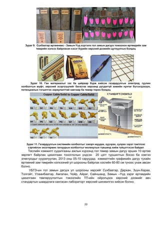 20
Зураг 9. Сүхбаатар өртөөнөөс - Замын-Үүд хүртэлх гол замын дагуух томоохон өртөөдийн зам
төмрийн хэлхээ байрласан хэсэг бүрийн хөрсний дээжийн цуглуулгын бэлдэц
Зураг 10. Ган материалыг зэс ба цайраар бүрж хийсэн газардуулгын электрод, гуулин
холболтын муфт, хөрсний эсэргүүцлийг багасгах хөрсөнд уусдаггүй химийн нунтаг бүтээгдэхүүн,
потенциалын тэгшитгэх зориулалттай хавчаар ба төмөр торон бэлдэц
Зураг 11. Газардуулгын системийн холболтыг зэвэрч муудах, хуучрах, сулрах зэрэг гэмтлээс
сэргийлэн эксотермик гагнуурын холболтыг молекулын түвшинд хийж гүйцэтгэсэн байдал
Òºñëèéí õýìæèëò ñóäàëãààíû àæëûí õ¿ðýýíä ãîë òºìºð çàìûí äàãóó îðøèõ 10 ºðòºº
çºðëºãò áàéðëàõ öàõèëãààí òîíîãëîëûí ¿íäñýí 20 öýãò òóðøèëòûí áîñîî áà õýâòýý
ýëåêòðîäûã ñóóðèëóóëàí, 2013 оны 05-10 ñàðуудад õýìæèëòèéí ãðàôèêèéн дагуу тухайн
өртөөний зам төмрийн хэлхээний ул шорооны байрлах хэсгийн 60-80 см гүнээс ухаж авсан
болно.
УБТЗ-ын гол замын дагуух ул шорооны хөрсийг Сүхбаатар, Дархан, Зүүн-Хараа,
Толгойт, Улаанбаатар, Амгалан, Чойр, Айраг, Сайншанд, Замын –Үүд зэрэг өртөөдийн
цахилгаан төвлөрүүлэлтын тэжээлийн ТП-ийн ойролцоох хөрсний дээжийг авч
стандартын шаардлага хангасан лабораторт хөрсний шинжилгээ хийсэн болно.
 