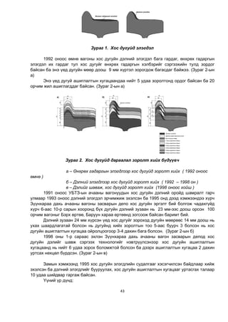43
Зураг 1. Хос дугуйд элэгдэл
1992 оноос өмнө вагоны хос дугуйн дэлний элэгдэл бага гардаг, өнхрөх гадаргын
элэгдэл их гардаг тул хос дугуйг өнхрөх гадаргын хэлбэрийг сэргээхийн тулд зордог
байсан ба энэ үед дугуйн мөөр доош 9 мм хүртэл зорогдож багасдаг байжээ. (Зураг 2-ын
а)
Энэ үед дугуй ашиглалтын хугацаандаа нийт 5 удаа зоролтонд ордог байсан ба 20
орчим жил ашиглагддаг байсан. (Зураг 2-ын а)
Зураг 2. Хос дугуйд дараалал зоролт хийх бүдүүвч
а – Өнхрөх гадаргын элэгдлээр хос дугуйд зоролт хийх ( 1992 оноос
өмнө )
б – Дэлний элэгдлээр хос дугуйд зоролт хийх ( 1992 – 1998 он )
в – Дэлийг шаваж, хос дугуйд зоролт хийх (1998 оноос хойш )
1991 оноос УБТЗ-ын ачааны вагонуудын хос дугуйн дэлний оройд шамралт гарч
улмаар 1993 оноос дэлний элэгдэл эрчимжиж эхэлсэн ба 1995 онд дээд хэмжээндээ хүрч
Зүүнхараа дахь ачааны вагоны засварын депо хос дугуйн эргэлт бий болгож чадахгүйд
хүрч 6-аас 10-р сарын хооронд бүх дугуйн дэлний зузаан нь 23 мм-ээс доош орсон 100
орчим вагоныг Бэрх өртөө, Баруун хараа өртөөнд зогсоож байсан баримт бий.
Дэлний зузаан 24 мм хүрсэн үед хос дугуйг зороход дугуйн мөөрөөс 14 мм доош нь
ухах шаардлагатай болсон нь дугуйнд хийх зоролтын тоо 5-аас буурч 3 болсон нь хос
дугуйн ашиглалтын хугацаа ойролцоогоор 3-4 дахин бага болсон. (Зураг 2-ын б)
1998 оны 1-р сараас эхлэн Зүүнхараа дахь ачааны вагон засварын депод хос
дугуйн дэлийг шавж сэргээх технологийг нэвтрүүлсэнээр хос дугуйн ашиглалтын
хугацаанд нь нийт 6 удаа зорох боломжтой болсон ба дээрх ашиглалтын хугацаа 2 дахин
уртсах нөхцөл бүрдсэн. (Зураг 2-ын в)
Замын хэмжээнд 1995 хос дугуйн элэгдлийн судалгааг хэсэгчилсэн байдлаар хийж
эхэлсэн ба дэлний элэгдлийг бууруулах, хос дугуйн ашиглалтын хугацааг уртасгах талаар
10 удаа шийдвар гаргаж байсан.
Үүний үр дүнд:
 