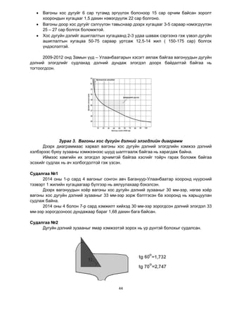 44
 Вагоны хос дугуйг 6 сар тутамд эргүүлэх болсноор 15 сар орчим байсан çîðоëò
õîîðîíäûí õóãàöààã 1,5 äàõèí íýìýãä¿¿ëæ 22 сар болгоно.
 Вàãîíû äîîð õîñ äóãóéã ñýëã¿¿ëýí òàâüñíààð дээрх õóãàöààã 3-5 ñàðààð íýìýãä¿¿ëýн
25 – 27 сар болгох áîëîìæòîé.
 Хос дугуйн дэлийг ашиглалтын хугацаанд 2-3 удаа шаваж сэргээнэ гэж үзвэл дугуйн
ашиглалтын хугацаа 50-75 сараар уртсаж 12,5-14 жил ( 150-175 сар) болгох
үндэслэлтэй.
2009-2012 онд Замын үүд – Улаанбаатарын хэсэгт аялаж байгаа вагонуудын дугуйн
дэлний элэгдлийг судлахад дэлний дундаж элэгдэл доорх байдалтай байгаа нь
тогтоогдсон.
Зураг 3. Вагоны хос дугуйн дэлний элэгдлийн диаграмм
Дээрх диаграммаас харвал вагоны хос дугуйн дэлний элэгдлийн хэмжээ дэлний
хэлбэрээс буюу зузааны хэмжээнээс шууд шалтгаалж байгаа нь харагдаж байна.
Иймээс хамгийн их элэгдэл эрчимтэй байгаа хэсгийг тойрч гарах боломж байгаа
эсэхийг судлах нь ач холбогдолтой гэж үзсэн.
Судалгаа №1
2014 оны 1-р сард 4 вагоныг сонгон авч Багануур-Улаанбаатар хооронд нүүрсний
тээвэрт 1 жилийн хугацаагаар бүлгээр нь аялуулахаар бэхэлсэн.
Дээрх вагонуудын хоёр вагоны хос дугуйн дэлний зузааныг 30 мм-ээр, нөгөө хоёр
вагоны хос дугуйн дэлний зузааныг 33 мм-ээр зорж бэлтгэсэн ба хооронд нь харьцуулан
судлаж байна.
2014 оны 4 болон 7-р сард хэмжилт хийхэд 30 мм-ээр зорогдсон дэлний элэгдэл 33
мм-ээр зорогдсоноос дундажаар бараг 1,68 дахин бага байсан.
Судалгаа №2
Дугуйн дэлний зузааныг ямар хэмжээтэй зорох нь үр дүнтэй болохыг судалсан.
 