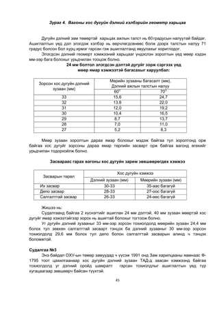 45
Зураг 4. Вагоны хос дугуйн дэлний хэлбэрийн геометр харьцаа
Дугуйн дэлний зам төмөртэй харьцах ажлын талст нь 60 градусын налуутай байдаг.
Ашиглалтын үед дэл элэгдэж хэлбэр нь өөрчлөгдсөнөөс болж дээрх талстын налуу 71
градус болсон бол хурц ирмэг гарсан гэж ашиглалтанд явуулахыг хориглодог.
Элэгдсэн дэлний геомерт хэмжээний харьцааг үндэслэн зоролтын үед мөөр хэдэн
мм-ээр бага болохыг урьдчилан тооцож болно.
24 мм болтол элэгдсэн дэлтэй дугуйг зорж сэргээх үед
мөөр ямар хэмжээтэй багасахыг харуулбал:
Зорсон хос дугуйн дэлний
зузаан (мм)
Мөрийн зузааны багасалт (мм),
Дэлний ажлын талстын налуу
60О
70О
33 15,6 24,7
32 13,8 22,0
31 12,0 19,2
30 10,4 16,5
29 8,7 13,7
28 7,0 11,0
27 5,2 8,3
Мөөр зузаан зоролтын дараа ямар болохыг мэдэж байгаа тул зоролтонд орж
байгаа хос дугуйг зорсоны дараа ямар төрлийн засварт орж байгаа вагонд өгөхийг
урьдчилан тодорхойлж болно.
Засвараас гарах вагоны хос дугуйн зарим зөвшөөрөгдөх хэмжээ
Засварын төрөл
Хос дугуйн хэмжээ
Дэлний зузаан (мм) Мөөрийн зузаан (мм)
Их засвар 30-33 35-аас багагүй
Депо засвар 28-33 27-оос багагүй
Салгалттай засвар 26-33 24-өөс багагүй
Жишээ нь:
Судалгаанд байгаа 2 хүснэгтийг ашиглан 24 мм дэлтэй, 40 мм зузаан мөөртэй хос
дугуйг ямар хэжээтэйгээр зорох нь ашигтай болохыг тогтоож болно.
Уг дугуйн дэлний зузааныг 33 мм-ээр зорсон тохиолдолд мөөрийн зузаан 24,4 мм
болох тул зөвхөн салгалттай засварт тэнцэх ба дэлний зузааныг 30 мм-ээр зорсон
тохиолдолд 29,6 мм болох тул депо болон салгалттай засварын алинд ч тэнцэх
боломжтой.
Судалгаа №3
Энэ байдал ОХУ-ын төмөр замуудад ч үүсэж 1991 онд Зам харилцааны яамнаас Ф-
1795 тоот цахилгаанаар хос дугуйн дэлний зузаан ТАД-д заасан хэмжээнд байгаа
тохиолдолд уг дэлний оройд шамралт гарсан тохиолдлыг ашиглалтын үед түр
хугацаагаар зөвшөөрч байсан түүхтэй.
 