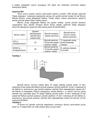 47
р сараас өнөөдрийг хүртэл хугацаанд 140 гаруй сая төгрөгийн сэлгээний зардал
хэмнэгдсэн байна.
Судалгаа №4
“Олон улсын ачааны вагоны эдэлгээний дүрэм”-д хилийн 1520 мм-ийн царигтай
Төмөр замуудын хоорондоо дамжуулах вагоны хос дугуйн дэлний зузаан 24 мм болсон
байхад Монгол улсад мөрдөгдөж байгаа “Төмөр замын техник ашиглалтын дүрэм”-д
вагоны дэлний зузаан 25мм хэвээр үлдсэн.
Монгол улсад мөрдөгдөж байгаа хос дугуйн хэлбэр, түүний дэлний зузааныг
тодорхойлох арга зэргийг Хятадын болон бусад нарийн царигтай төмөр замуудын
вагонтой харьцуулан судалгаа хийж үзэхэд доорх ялгаатай байна.
Вагоны төрөл
Дэлний
зөвшөөрөгдөх
хамгийн бага
хэмжээ (мм)
Дэлний зузааныг
хэмжих аргачлал
Дэлний ажлын
талстын налууг
хэмжих аргачлал
ОХУ-д
үйлдвэрлэгдсэн
23
Дэлний оройгоос
18 мм-ийн өндөрт
хэмжилт хийдэг.
71 градусийн налуу
бүхий загвараар
хэмждэг.
БНХАУ-д
үйлдвэрлэгдсэн.
25
Дэлний оройгоос
15 мм-ийн өндөрт
хэмжилт хийдэг.
RO зайгаар хэмждэг.
RO=6.5мм
Тайлбар 1.
Дэлний ажлын талстын хэвийн буюу 70 градус байхад дэлний оройн 15 мм-т
хэмжихэд 23 мм зузаантай байсан дэлний зузааныг дэлний оройгоос 18 мм-т хэмжихэд 24
мм байгаа нь ашиглалтын үед дэлний зузааныг хамгийн бага зөвшөөрөгдөх хэмжээ 24,7
мм байгаа нь өнөөдрийн ТАД-ын шаардлагыг хангаж байгаа ч уг ажлын талстын налуу
хамгийн муу нөхцлөөр буюу 70 градус байхад дэлний оройн 15 мм-т хэмжихэд 23 мм
зузаантай байсан дэлний зузааныг дэлний оройгоос 18 мм-т хэмжихэд 24 мм байгаа нь
ашиглалтын үед дэлний зузааныг хамгийн бага зөвшөөрөгдөх хэмжээ 24 мм-ээр тогтоох
үндэслэлтэй байна.
Тайлбар 2.
19 болон 6,5 мм-ийн катеттай гурвалжины гипотенуз, богино катеттайгаа үүсгэх
өнцөг нь 71 градус байх тул хоёр хэмжих аргын үр дүн ижил.
 
