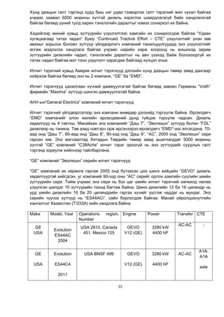 55
Хүнд даацын галт тэргэнд хурд биш нэг удаа тээвэрлэх галт тэрэгний жин чухал байгаа
учраас заавал 6000 морины хүчтэй дизель хэрэглэх шаардлагагүй байх хандлагатай
байгаа бөгөөд үүний тулд харин тэнхлэгийн даралтыг нэмэх сонирхол их байна.
Хэдийгээр миний хувьд зүтгүүрийн үзүүлэлтээс хамгийн их сонирхогдож байгаа “Удаан
хугацаагаар татах чадал” буюу “Continued Tractive Effort – CTE” үзүүлэлтийг үнэн зөв
авахыг зорьсон боловч зүтгүүр үйлдвэрлэгч компаний танилцуулгуудад энэ үзүүлэлтийг
өсгөж мэдээлэх хандлага байгаа учраас нарийн харж хооронд нь жишихэд зарим
зүтгүүрийн дизелийн чадал, тэнхлэгийн даралтыг нь авч үзэхэд байж болохооргүй их
татах чадал байгаа мэт тоон үзүүлэлт харагдаж байгаад хүлцэл өчье.
Илчит тэрэгний хувьд Америк илчит тэрэгнүүд дэлхийн хүнд даацын төмөр замд дангаар
ноёрхож байгаа бөгөөд энэ нь 2 компани, “GE” ба “EMD”.
Илчит тэрэгнүүд цахилгаан хүчний дамжуулгатай байгаа бөгөөд зөвхөн Германы “Voith”
фирмийн “Maxima” зүтгүүр шингэн дамжуулгатай байна.
АНУ-ын“General Electrics” компаний илчит тэрэгнүүд
Илчит тэрэгний үйлдвэрлэлээр энэ компани өнөөдөр дэлхийд тэргүүлж байна. Өрсөлдөгч
“EMD” компанийг олон жилийн өрсөлдөөний дүнд гүйцэж түрүүлж чадсан. Дизель
хөдөлгүүр нь 4 тактны. Манайхан энэ компанийг “Даш 7”, “Эволюшн” зүтгүүр болон “FDL”
дизелиэр нь танина. Төв азид нэвтэрч орж ирсэнээрээ өрсөлдөгч “EMD”-ээс ялгагдана. 70-
аад онд “Даш 7”, 80-аад онд “Даш 8”, 90-ээд онд “Даш 9”, “АС”, 2000 онд “Эволюшн” сери
гарсан юм. Энэ жагсаалтад Хятадын Төвдийн төмөр замд ашиглагддаг 5000 морины
хүчтэй “GE” компаний “C38Ache” илчит тэрэг ороогүй нь энэ зүтгүүрийг суудлын галт
тэргэнд зориулж хийснээр тайлбарлана.
“GE” компаний “Эволюшн” серийн илчит тэрэгнүүд
“GE” компаний их хөрөнгө гаргаж 2005 онд бүтээсэн цоо шинэ хийцийн “GEVO” дизель
хөдөлгүүртэй хийгдсэн, уг компаний 90-ээд оны “AC” серийг орлох хамгийн сүүлийн үеийн
зүтгүүрийн сери. Тийм учраас энэ сери нь бүх цаг үеийн илчит тэрэгний хөгжилд нөлөө
үзүүлсэн шилдэг 10 зүтгүүрийн тоонд багтаж байна. Шинэ дизелийн 12 ба 16 цилиндр нь
урд үеийн дизелийн 16 ба 20 цилиндрийн гаргах хүчийг үүсгэж чаддаг нь мундаг. Энэ
серийн түүчээ зүтгүүр нь “ES44ACi”, сайн борлогдож байгаа. Манай ойролцоонутгийн
хангалтыг Казакстан (ТЭ33А) хийх хандлага байна.
Make Model, Year Operations region,
Number
Engine Power Transfer CTE
GE
USA
Evolution
ES44AC
2004
USA 2810, Canada
451, Mexico 125
GEVO
V12 (GE)
3280 kW
4400 hP
AC-AC -
GE
USA
Evolution
ES44C4
2011
USA BNSF 499 GEVO
V12 (GE)
3280 kW
4400 hP
AC-AC
A1A-
A1A
axle
 