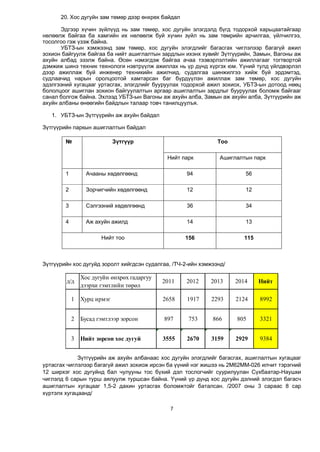 7
20. Хос дугуйн зам төмөр дээр өнхрөх байдал
Эдгээр хүчин зүйлүүд нь зам төмөр, хос дугуйн элэгдэлд бүгд тодорхой харьцаатайгаар
нөлөөлж байгаа ба хамгийн их нөлөөлж буй хүчин зүйл нь зам төмрийн арчилгаа, үйлчилгээ,
тосолгоо гэж үзэж байна.
УБТЗ-ын хэмжээнд зам төмөр, хос дугуйн элэгдлийг багасгах чиглэлээр багагүй ажил
зохион байгуулж байгаа ба нийт ашиглалтын зардлын ихэнх хувийг Зүтгүүрийн, Замын, Вагоны аж
ахуйн албад эзэлж байна. Өсөн нэмэгдэж байгаа ачаа тээвэрлэлтийн ажиллагааг тогтвортой
дэмжиж шинэ техник технологи нэвтрүүлж ажиллах нь үр дүнд хүргэх юм. Үүний тулд үйлдвэрлэл
дээр ажиллаж буй инженер техникийн ажилчид, судалгаа шинжилгээ хийж буй эрдэмтэд,
судлаачид нарын оролцоотой хамтарсан баг бүрдүүлэн ажиллаж зам төмөр, хос дугуйн
эдэлгээний хугацааг уртасгах, элэгдлийг бууруулах тодорхой ажил зохиох, УБТЗ-ын дотоод нөөц
бололцоог ашиглан зохион байгуулалтын аргаар ашиглалтын зардлыг бууруулах боломж байгааг
санал болгож байна. Эхлээд УБТЗ-ын Вагоны аж ахуйн алба, Замын аж ахуйн алба, Зүтгүүрийн аж
ахуйн албаны өнөөгийн байдлын талаар товч танилцуулъя.
1. УБТЗ-ын Зүтгүүрийн аж ахуйн байдал
Зүтгүүрийн паркын ашиглалтын байдал
№ Зүтгүүр Тоо
Нийт парк Ашиглалтын парк
1 Ачааны хөдөлгөөнд 94 56
2 Зорчигчийн хөдөлгөөнд 12 12
3 Сэлгээний хөдөлгөөнд 36 34
4 Аж ахуйн ажилд 14 13
Нийт тоо 156 115
Зүтгүүрийн хос дугуйд зоролт хийгдсэн судалгаа, /ТЧ-2-ийн хэмжээнд/
Зүтгүүрийн аж ахуйн албанаас хос дугуйн элэгдлийг багасгах, ашиглалтын хугацааг
уртасгах чиглэлээр багагүй ажил зохиож ирсэн ба үүний нэг жишээ нь 2М62ММ-026 илчит тэрэгний
12 ширхэг хос дугуйнд бал чулууны тос бүхий дэл тослогчийг суурилуулан Сүхбаатар-Наушки
чиглэлд 6 сарын турш аялуулж туршсан байна. Үүний үр дүнд хос дугуйн дэлний элэгдэл багасч
ашиглалтын хугацааг 1,5-2 дахин уртасгах боломжтойг баталсан. /2007 оны 3 сараас 8 сар
хүртэлх хугацаанд/
д/д
Хос дугуйн өнхрөх гадаргуу
дээрхи гэмтлийн төрөл
2011 2012 2013 2014 Нийт
1 Хурц ирмэг 2658 1917 2293 2124 8992
2 Бусад гэмтлээр зорсон 897 753 866 805 3321
3 Нийт зорсон хос дугуй 3555 2670 3159 2929 9384
 