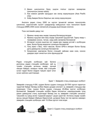 79
2. Дахин шинэчилсэн буюу үндсэн платыг сэргээн засварлаж
шинэчилсэн (renew radios)
3. Ази номхон далайн орнуудын зах зээлд зориулагдсан (Asia Pacific
only)
4. Хойд Америк болон Европын зах зээлд зориулагдсан
Анологи радио станц 2000 он хүртэл эрчимтэй хөгжиж технологийн
шинэчлэл, хэрэглэгчийн хүсэлт шаардлагад нийцүүлсэн тоон технологи бүхий
станцууд (DMR) 2005 оноос хөгжингүй улсуудад ашиглагдаж эхэлсэн.
Тоон системийн давуу тал:
1. Ярианы чанар маш өндөр түвшинд боловсруулагддаг.
2. Ярианы нууцлал мөн маш өндөр түвшиний нууцлалтай. Гадны ямар ч
төхөөрөмж сонсох, тагнах, саад хийх нөлөөлөх боломжгүй
3. Интернет сүлжээ ашиглан хот хөдөө мөн гадаад улстай ч холбогдож
ярих, болон бусад мэдээлэл солиоцох боломжтой.
4. Ганц яриа ч биш, текст мессэж, болон GPS-н өгөгдөл болон бусад
дата дамжуулах солилцох боломжтой.
5. Халдлагаас хамгаалах болон станцийг зайнаас хаах нээх, сонсох
удирдах зэрэг хяналтын олон функцүүдтэй
Радио станцийн холбогдох зай: Богино
долгионы радио станцийн холбогдох зай нь
тухайн станцийн антенны өндөр, орчний
нөхцөл байдал, агаарын төлөв, мөн станцийн
хүчин чадал болон мэдрэх түвшин зэрэг олон
хүчин зүйлээс шалтгаалдаг.
Зураг 1. Зөөврийн станц хоорондын холболт
Зөөврийн станцууд 4-5W, суурин болон суурин станцууд 25-75W хүртэл гаралтын
чадалтай байдаг бөгөөд холбоо барих дундаж алслалт нь зөөврийн станцууд өөр
хоорондоо 1-5км, суурин болон суурин станцууд 25-80км хүртэл холбогдох
боломжтой. Зөөврийн станцийн холбоо барих алслалтыг нэмэгдүүлэхийн тулд
дахин дамжуулах станц ашигладаг бөгөөд энэ нь зөөврийн станцийн сигналыг
түвшнийх нь хувьд өсгөн тодорхой радиуст цацах үүрэгтэй. Антенны өндөр тухайн
орчны нөхцөл байдал (байшин барилгатай, уулархаг буюу тал гм) зэргээс хамаарч
зөөврийн станцийн холбогдох зайг 10-35км хүртэл тэлж өгдөг.
Зураг 2. Суурин станц хоорондын холболт
 