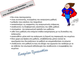 • δεν είναι παντογνώστης
• είναι συντονιστής, συνεργάτης του αναγνώστη-μαθητή
• ρυθμίζει τους κανόνες του παιχνιδιού
• ανακατανέμει τις ισορροπίες της αναγνωστικής επάρκειας
• αναδεικνύει τις διαφορετικές ικανότητες του κάθε μαθητή
• επισημαίνει την αναγνωστική πρόοδο των μαθητών
• ωθεί τους μαθητές στο επόμενο στάδιο αναμέτρησης με τις δυσκολίες της
ανάγνωσης
• ανασυνθέτει μέσα από την ανάγνωση τη λογική της παραγωγής του κειμένου
• δίνει χώρο για δράση στο μαθητή, υποβάλλοντας μόνον εκείνα τα
ερωτήματα που διευκολύνουν το μαθητή να νοηματοδοτήσει το κείμενο
• υποδεικνύει στο μαθητή το πώς να ελέγχει την ερμηνεία του ανάλογα με το
αν σέβεται την εσωτερική αλληλουχία που αναδεικνύει ο συγγραφέας του
κειμένου
 