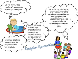 με «το σύνολο της
αισθητικής εμπειρίας»
διαδρώ με το κείμενο
συμπληρώνω τα
κενά και την
απροσδιοριστία
του κειμένου
ενεργοποιώντας
τον ορίζοντα των
προσδοκιών μουκαταλήγω στη δική
μου ερμηνεία και
νοηματοδότηση
του κειμένου
ως μέλος της κοινότητας
αναγνωστών της τάξης
καταθέτω προς συζήτηση
την ερμηνεία μου,
η ορθότητα της οποίας
είναι αντικείμενο
συζήτησης από όλη την
τάξη
 