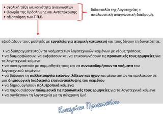 • σχολική τάξη ως κοινότητα αναγνωστών
• Θεωρία της Πρόσληψης και Ανταπόκρισης
• αξιοποίηση των Τ.Π.Ε.
διδασκαλία της Λογοτεχνίας =
απολαυστική αναγνωστική διαδρομή.
εφοδιάζουν τους μαθητές με εργαλεία για ατομική κατασκευή και τους δίνουν τη δυνατότητα:
• να διαπραγματευτούν τα νοήματα των λογοτεχνικών κειμένων με νέους τρόπους
• να διαμορφώσουν, να εκφράσουν και να επικοινωνήσουν τις προσωπικές τους ερμηνείες για
τα λογοτεχνικά κείμενα
• να συνεργαστούν με συμμαθητές τους και να συνοικοδομήσουν τα νοήματα του
λογοτεχνικού κειμένου
• να βιώσουν τη συλλειτουργία εικόνων, λέξεων και ήχων και μέσω αυτών να εμπλακούν σε
μια δημιουργική διαδικασία επανανακάλυψης του κειμένου
• να δημιουργήσουν πολυτροπικά κείμενα
• να παρουσιάσουν πολυμεσικά τις προσωπικές τους ερμηνείες για τα λογοτεχνικά κείμενα
• να συνδέσουν τη λογοτεχνία με τη σύγχρονη ζωή
 