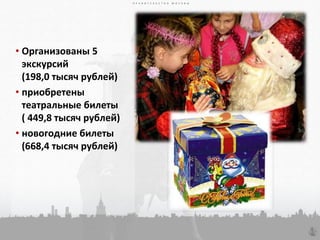 П Р А В И Т Е Л Ь С Т В О М О С К В ЫП Р А В И Т Е Л Ь С Т В О М О С К В Ы
26
П Р А В И Т Е Л Ь С Т В О М О С К В Ы
• Организованы 5
экскурсий
(198,0 тысяч рублей)
• приобретены
театральные билеты
( 449,8 тысяч рублей)
• новогодние билеты
(668,4 тысяч рублей)
 