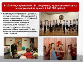 П Р А В И Т Е Л Ь С Т В О М О С К В ЫП Р А В И Т Е Л Ь С Т В О М О С К В Ы
38
П Р А В И Т Е Л Ь С Т В О М О С К В Ы
В 2014 году проведено 134 досуговых, культурно-массовых
мероприятий на сумму 2 745 000 рублей
• В 2014 году было проведено – досуговых,
культурно-массовых - 134 мероприятий, в
которых приняли участие- 17 270 жителей
района. Из них приняли участие: 125
многодетных семей, 25 трудных
подростков, 6 200 молодежи. На
проведение социально значимых
мероприятий было выделено 2 745 000
рублей, по программе «Культура Москвы»
- 4 768 729 рублей
 