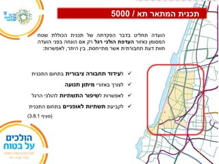 ‫תא‬ ‫המתאר‬ ‫תכנית‬/5000
‫ל‬‫עידוד‬‫ציבורית‬ ‫תחבורה‬‫התכנית‬ ‫בתחום‬
‫לצורך‬‫באזורי‬‫תנועה‬ ‫מיתון‬
‫לאפשרות‬‫ל‬‫התשתיות‬ ‫שיפור‬‫הרגל‬ ‫להולכי‬
‫לקביעת‬‫לאופניים‬ ‫תשתיות‬‫התכנית‬ ‫בתחום‬
(‫סעיף‬3.8.1)
‫הועדה‬‫תחליט‬‫בדבר‬‫הפקדתה‬‫של‬‫תכנית‬‫הכוללת‬‫שטח‬
‫המסומן‬‫כאזור‬‫העדפת‬‫הולכי‬‫רגל‬‫רק‬‫אם‬‫הונחה‬‫בפני‬‫הועדה‬
‫חוות‬‫דעת‬‫תחבורתית‬‫אשר‬‫מתייחסת‬,‫בין‬‫היתר‬,‫לאפשרות‬:
 