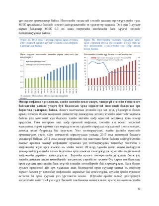 32
үргэлжлэн өргөжихөөр байна. Ипотекийн татаастай зээлийг цаашид өргөжүүлэхийн тулд
МИК арилжааны банкийг нэмэлт санхүүжилтийн эх үүсвэрээр хангана. Энэ оны 3 дугаар
сарын байдлаар МИК 0.3 их наяд төгрөгийн ипотекийн бага хүүтэй зээлийг
баталгаажуулаад байна.
Зураг 37. 2013 оны 7 дугаар сараас орон сууцны
ипотекийн 8 хувийн хүүтэй зээлийн хөтөлбөрийг
хэрэгжүүлж байна.
Зураг 38. Ипотекийн зээлийн хөтөлбөр хямд
орон сууцтай болох боломжийг олгож байгаа
тул ипотекийн зээлдэгчийн тоо хоёр дахин
өссөн байна.
Орон сууцны ипотекийн зээлийн сарын хандлага (их
наяд төгрөг)
Ипотекийн зээлийн хүү болон зээлдэгчдийн тоо
Эх сурвалж: Монголбанк, ДБ-ны мэргэжилтнүүдийн
тооцоо
Өндөр инфляци үргэлжилж, эдийн засгийн өсөлт саарч, чанаргүй зээлийн хэмжээ өсч
байгаагийн улмаас учирч буй бодлогын хүнд сорилттой мөнгөний бодлогын эрх
баригчид тулгараад байна. Ашигт малтмалын дэлхийн сул зах зээл, үйлдвэрлэл болон
өрхөд олгосон бэлэн мөнгөний дэмжлэгээр дамжуулан дотоод зээлийн өсөлтийг хадгалж
байгаа үед мөнгөний сул бодлого эдийн засгийн хоёр оронтой өсөлтөнд хувь нэмэр
оруулсан. Гэвч өнгөрсөн онд хоёр оронтой инфляци, зээлийн хэт өсөлт, зохистой
харьцааны дүрэм журмыг сул мөрдүүлсэн нь сүүлийн саруудад асуудалтай зээл нэмэгдэх,
дотоод эрэлт буурахад бас хүргэсэн. Үнэ тогтворжуулах, эдийн засгийн өсөлтийг
эрчимжүүлэх гэсэн хоёр зөрчилтэй зорилтуудын улмаас 2013 онд мөнгөний бодлого
уялдаагүй байлаа. 2012 оны өндөр инфляцийн гол шалтгаан болж байсан нийлүүлэлтийн
саадыг арилгах замаар инфляцийг хумихад үнэ тогтворжуулах хөтөлбөр чиглэсэн ч
инфляцийн эсрэг арга хэмжээ нь эдийн засагт 20 илүү хувийн шинэ мөнгө нийлүүлэх
замаар нийлүүлэлтийн талын бодлогын арга хэмжээг санхүүжүүлж эрэлтийн шалтгаантай
инфляцийн дарамтыг нэмэгдүүлсэн. Төсвийн орлого төвлөрөлтийн дутуугаас болж улс
төрийн дэмжлэг авсан хөтөлбөрийг зогсоохоос сэргийлэн төсвөөс бус харин төв банкнаас
орон сууцны ипотекийн бага хүүтэй зээлийн хөтөлбөрийг бас хэрэгжүүлсэн. Бага болон
дундач орлоготой айл өрх худалдан авах боломжтой орон сууцаар хангах нь өгөөмөр
зорилт боловч уг хөтөлбөр инфляцийн дарамтыг бас нэмэгдүүлж, өрхийн өрийн түвшинг
өсгөсөн ба орон сууцны үнэ үргэлжлэн өссөн. (Өрхийн өрийн талаар дэлгэрэнгүй
мэдээллийг шигтгээ 4 үзнэ үү). Төсвийг төв банкны мөнгө хэвлэх эрхээр сольсон нь эдийн
0.0
0.5
1.0
1.5
2.0
2.5
Dec-12
Jan-13
Feb-13
Mar-13
Apr-13
May-13
Jun-13
Jul-13
Aug-13
Sep-13
Oct-13
Nov-13
Dec-13
Jan-14
Feb-14
Mar-14
Apr-14
8% Housing Mortgage Loans
Mortage Loans on Commerical Terms
20
25
30
35
40
45
50
55
60
0
2
4
6
8
10
12
14
16
18
20
Dec-12
Jan-13
Feb-13
Mar-13
Apr-13
May-13
Jun-13
Jul-13
Aug-13
Sep-13
Oct-13
Nov-13
Dec-13
Jan-14
Feb-14
Mar-14
Apr-14
Total numbre of mortgage borrowers (thousand): RHS
Weighted average interrest rtae (%): LHS
 