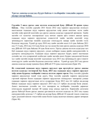 37
Урсгал дансны алдагдал буурч байгаа ч төлбөрийн тэнцлийн дарамт
өндөр хэвээр байна.
Сүүлийн 3 жилд урсгал данс ихээхэн алдагдалтай буюу ДНБ-ий 30 орчим хувьд
байлаа. Оюу толгойн уурхайн 2011 болон 2012 оны хөрөнгө оруулалтаас ихэнхдээ
шалтгаалсан гадаадын шууд хөрөнгө оруулалтын хоёр дахин өсөлтөөс эхлэн эдийн
засгийн хоёр оронтой өсөлтийн үед урсгал дансны алдагдал хурдацтай өргөжсөн. Эдийн
засгийн хэт халалтыг хязгаарлахын тулд мөчлөг сөрсөн арга хэмжээ авахын оронд
гадаадын шууд хөрөнгө оруулалтын дэмжлэгтэй эдийн засгийн өсөлтийг илүү
эрчимжүүлэх зорилгоор төсвийн алдагдлыг нэмэгдүүлэх замаар эдийн засгийн тэлэх
бодлогыг явуулсан. Үүний үр дүнд 2010 онд эдийн засгийн өсөлт 6.4 хувь байснаа 2011
онд 17.3 хувь, 2012 онд 12.4 хувь болж тус тус өссөн бол мөн урсгал дансны алдагдал 2010
онд ДНБ-ий 14.9 хувь байснаа 30 хувь болж өсчээ. Урсгал дансны ихээхэн алдагдлыг өсч
буй гадаадын шууд хөрөнгө оруулалт, улсын салбарын гадаад өрийн санхүүжилтийн эх
үүсвэрээс санхүүжүүлсэн. Гадаадын шууд хөрөнгө оруулалт буурч, ашигт малтмалын
дэлхийн зах зээл суларсантай холбогдон эдийн засгийн өсөлт буурах хандлагатай болсон
тул эдийн засгийн өндөр өсөлтийг хадгалахын тулд 2013 онд эрчимжүүлэх арга хэмжээг
нэмэгдүүлэх эдийн засгийн бодлогын сонголтыг хийсэн. Үүний үр дүнд 2013 онд урсгал
дансны алдагдал өндөр түвшинд буюу ДНБ-ий 27.9 хувьд хадгалагдсан (Зураг 45).
Их хэмжээний гадаадын шууд хөрөнгө оруулалт орж ирээгүйгээс урсгал дансны
ихээхэн алдагдал тогтвортой бус болж, 2013 онд гадаадын шууд хөрөнгө оруулалт
хоёр дахин буурахад төлбөрийн тэнцэлд ихээхэн дарамт ирсэн. Оюу толгойн уурхайн
хөрөнгө оруулалтын эхний ээлж дуусч, Оюу толгойн уурхайн хөрөнгө оруулалтын
гэрээний маргаан болон гадаадын хөрөнгө оруулалтын зохицуулалт чангарсны улмаас
гадаадын хөрөнгө оруулагчдын итгэл суларснаас болж 2012 онд 4.4 тэрбум ам.доллар
байсан гадаадын шууд хөрөнгө оруулалт 2013 онд 2.3 тэрбум ам.доллар болж унасан.
Ашигт малтмалын дэлхийн зах зээл зөөлөрсөн нь төлбөрийн тэнцлийн дарамтыг
нэмэгдүүлж нүүрсний экспорт 40 хувиас илүү унахад хүргэсэн. Хөрөнгийн дотогшхи
урсгал байхгүй болон урсгал дансны үргэлжилсэн ихээхэн алдагдал нь 2013 онд гадаад
санхүүжилтийн дутагдал 1.7 тэрбум ам.доллар буюу ДНБ-ий 10 хувьтай тэнцэх хэмжээнд
хүрч, үндэсний мөнгөн тэмдэгтийн ханш болон гадаад валютын нөөцөнд дарамт авчирсан
(Зураг 46).
 