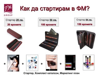 Как да стартирам в ФМ?Как да стартирам в ФМ?
Стартер 20 лв.
20 аромата20 аромата
Стартер 50 лв.
100 аромата100 аромата
Стартер 84 лв.
150 аромата150 аромата
+ + + +
Стартер, Комплект каталози, Маркетинг план
 