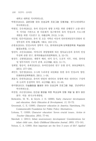 100 유연옥 ․ 송서정
대학교 대학원 석사학위논문.
박현진(2013). 공존지향 유아 인성교육 프로그램 모형개발. 한국교원대학교
박사학위논문.
박현진, 김숙자(2012). 유아 인성교육 방향 모색을 위한 선행연구 고찰-한국
적 가치를 기반으로 한 다문화적 접근에서의 유아 인성교육 프로그램
개발을 위한 기초연구 Ⅱ. 아동교육, 21(2), 5-26.
서민영, 임은미(2010). 유아 및 초등 저학년 아동의 인터넷게임중독경향과 인
성특성의 관계. 아동교육, 19(4), 163-175.
손봉호(2010). 인성교육의 철학적 기초. 한국유아교육·보육행정학회 학술대회
발표논문집, 11-24.
양선미, 조인숙(2008). 어머니의 취업형태에 따른 양육효능감과 유아의 인성
특성에 관한 연구. 한국아동심리치료학회지, 3, 53-70.
왕경수, 김현영(2010). 개별적 배려, 내적 동기, 도전적 직무, 자원, 창의성
및 업무서과의 구조적 관계. 사고개발, 6(2), 51-71.
정희영, 방승미, 유희진(2012). 유아인성관련 연구 동향 분석. 유아교육연구,
32(5), 277-296.
최민수, 임은영(2013). 3-5세 누리과정 내실화를 통한 유아 인성교육 방안.
미래유아교육학회지, 20(1), 1-36.
최윤지, 유연옥(2012). 유아의 연령과 내러티브 유형에 따른 내러티브 구성력
과 논리적 응집력의 차이. 사고개발, 8(1), 31-49.
한미향(2013). 미술활동을 활용한 유아 인성교육 프로그램 개발. 강남대학교
박사학위논문.
허경철, 조난심(1994). 인간성 함양을 위한 학교교육 모형 개발 및 평가 방안
연구. 서울: 한국교육개발원.
Berkowitz, M. W., & Grych, J. H. (2000), Early character development
and education. Early Education & Development, 11, 55-72.
Greenwalt, C. E. (1996). Character education in America. Harrisburg, PA:
Commonwealth Foundation for Public Policy Alternatives.
Lickona, T. (1999). Character education: Seven crucial issues. Action in
Teacher Education, 20(4), 77-84.
Marshall, J. (2011). Infant neurosensory development: Considerations for
infant child care. Early Childhood Education Journal, 39(3), 175-181.
Nelson, C. A. (1999). How important are the first 3 years of life? Applied
 