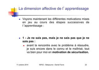 11 octobre 2014 ISFEC - Batipaume - Daniel Favre 22
La dimension affective de l apprentissage
  Voyons maintenant les différentes motivations mises
en jeu au cours des étapes successives de
l apprentissage :
  1 - Je ne sais pas, mais je ne sais pas que je ne
sais pas :
  avant la rencontre avec le problème à résoudre,
je suis encore dans le connu et le maîtrisé, tout
va bien pour moi en motivation de sécurisation.
 