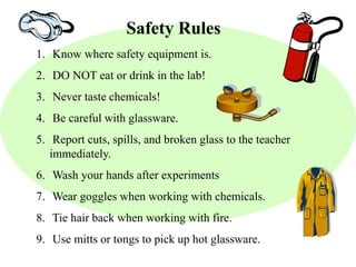 Safety Rules 
1. Know where safety equipment is. 
2. DO NOT eat or drink in the lab! 
3. Never taste chemicals! 
4. Be careful with glassware. 
5. Report cuts, spills, and broken glass to the teacher 
immediately. 
6. Wash your hands after experiments 
7. Wear goggles when working with chemicals. 
8. Tie hair back when working with fire. 
9. Use mitts or tongs to pick up hot glassware. 
 